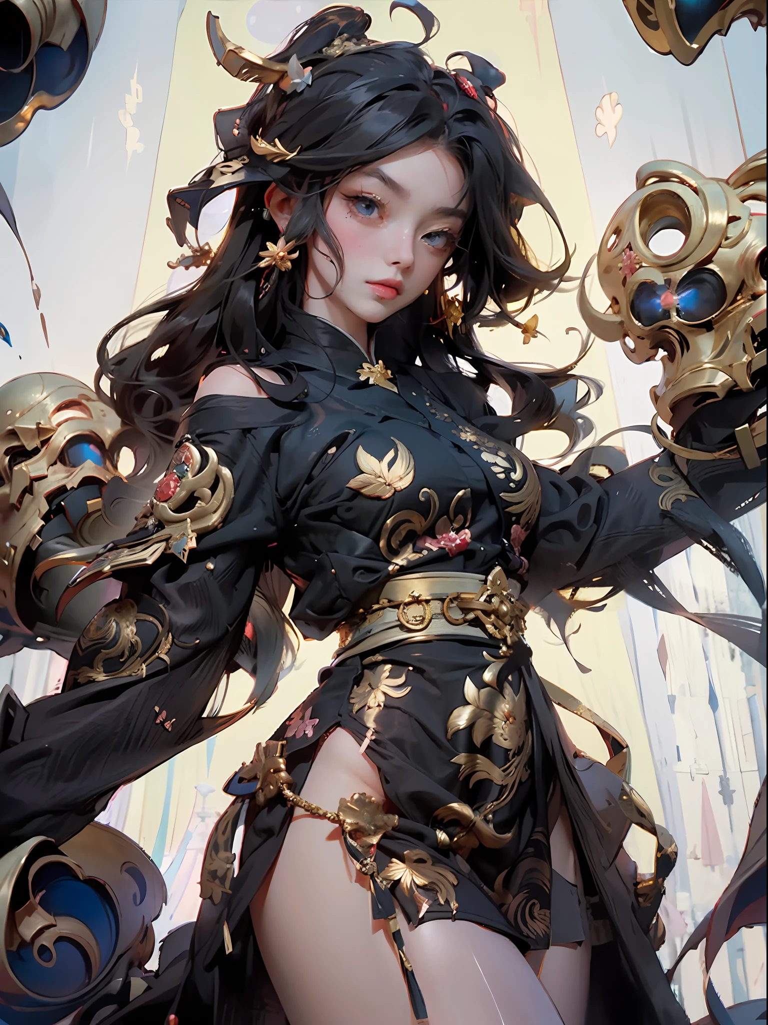 A black-haired female emperor wearing a Daoist robe appeared in front of him. She was wearing a gorgeous black Taoist robe, with golden patterns embroidered on the robe, her tall posture, handsome face, and majestic and cold eyes, which made people involuntarily produce a deep sense of awe. Her eyes are deep and sharp, as if they can penetrate people's souls. Her voice is low and sonorous,