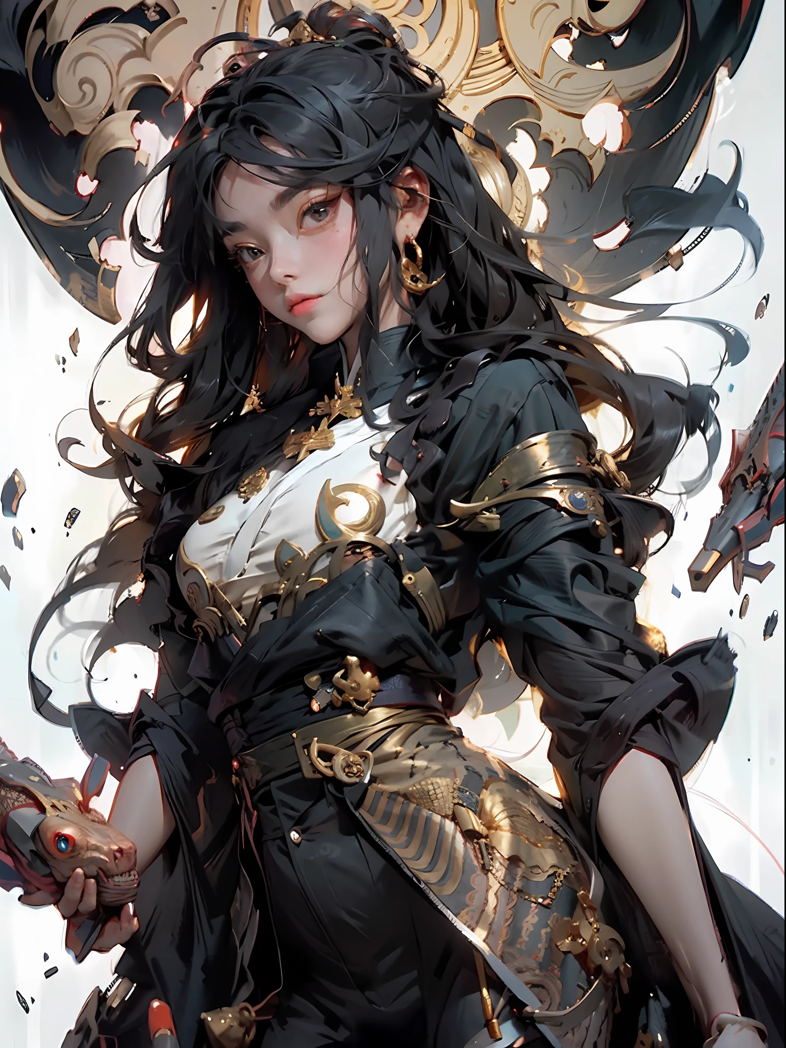 A black-haired female emperor wearing a Daoist robe appeared in front of him. She was wearing a gorgeous black Taoist robe, with golden patterns embroidered on the robe, her tall posture, handsome face, and majestic and cold eyes, which made people involuntarily produce a deep sense of awe. Her eyes are deep and sharp, as if they can penetrate people's souls. Her voice is low and sonorous,