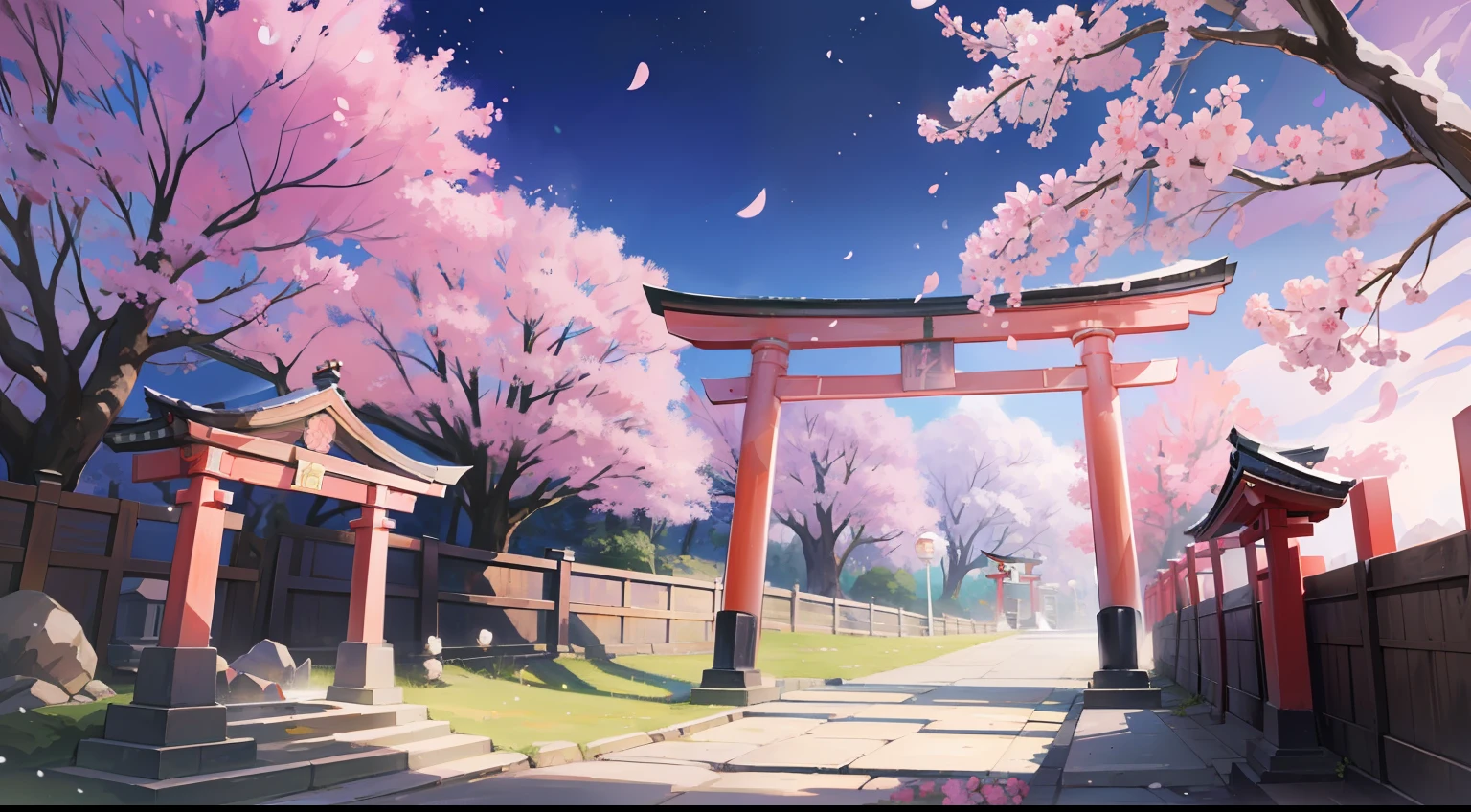 One girl、masterpiece、Top image quality、top-quality、suspicious、Yoshi、ghost、in isekai、(((natta)))、cherry trees、Sakura blizzard、Lots of torii gates、stone pavement、(((Purple Sky)))、mask、shrine maiden、paper lanterns、ghosts