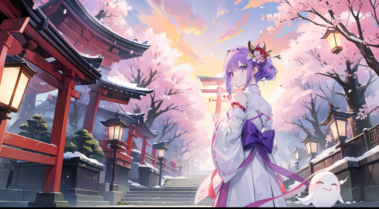 One girl、masterpiece、Top image quality、top-quality、suspicious、Yoshi、ghost、in isekai、(((natta)))、cherry trees、Sakura blizzard、Lots of torii gates、stone pavement、(((Purple Sky)))、mask、shrine maiden、paper lanterns、ghosts