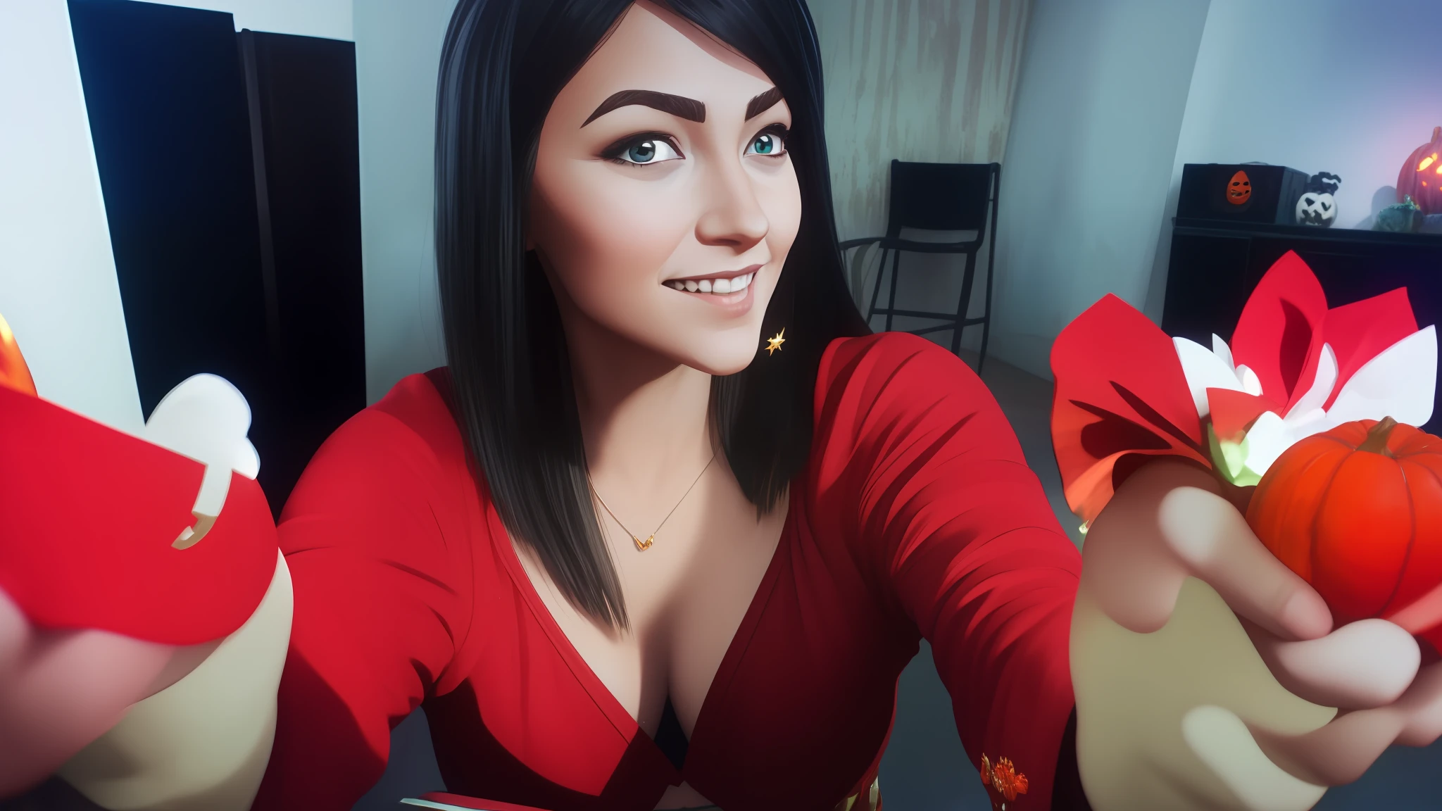 festividad de Halloween, Cute look cinematic real v3.0 con cabello largo salpicado de colores y una sonrisa bonita ultra realista, mirada estilo wondermix real v3.0,
Cuerpo completo, escena Fotorealista, Halloween Background Real Photo Style