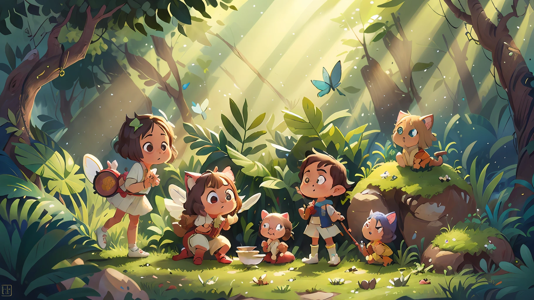 One Little Girl(white clothes, red shoes, short hair)And a couple of elves(bule pans, look like cats)，butterflies flying，In the jungle after the rain，Sunlight shines through intermittently，（tmasterpiece），Extremely detailed picture details，ultra HD picture quality，（8k wallpaper），（CG），(fairy tale style), Inspired by:《Alice in Wonderland》