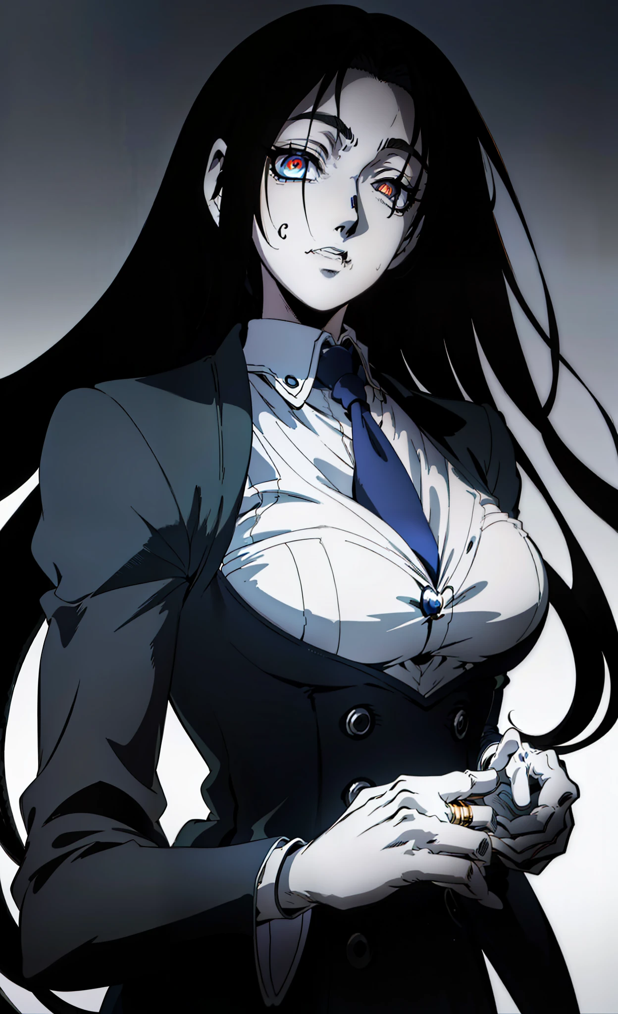 Close-up of a girl in a suit and tie, androgynous vampire, junji ito 4 k, with long dark hair, ito junji art, style of junji ito, Dark Costume, portrait of sadako of the ring, Beautiful androgynous princess, Gentle androgynous princess, with her long black hair, girl in suit, (Lovely Medium Breasts), perfect anatomy, (Gloomy color scheme:1.5), (skinny body)