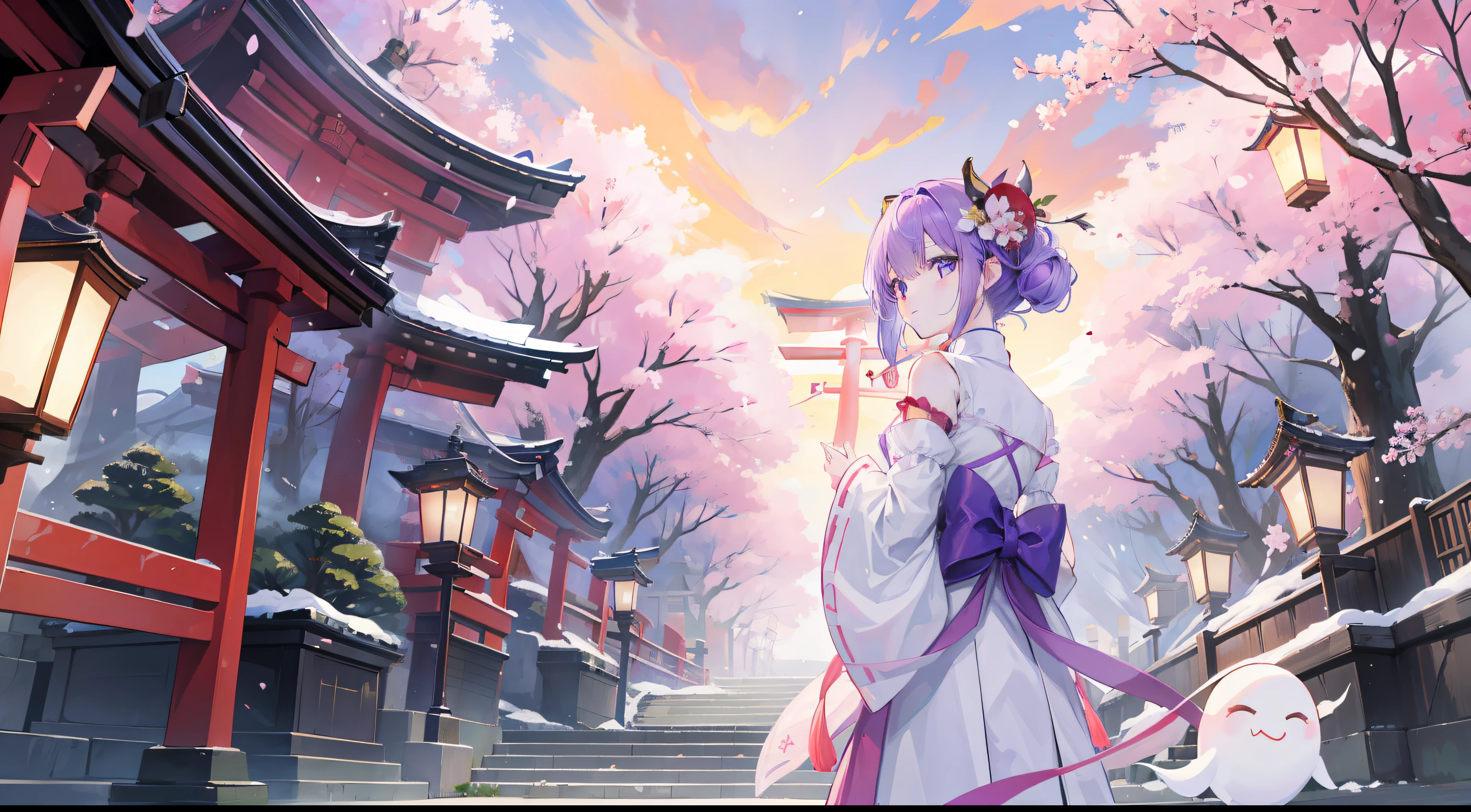 One girl、masterpiece、Top image quality、top-quality、suspicious、Yoshi、ghost、in isekai、(((natta)))、cherry trees、Sakura blizzard、Lots of torii gates、stone pavement、(((Purple Sky)))、mask、shrine maiden、paper lanterns、ghosts