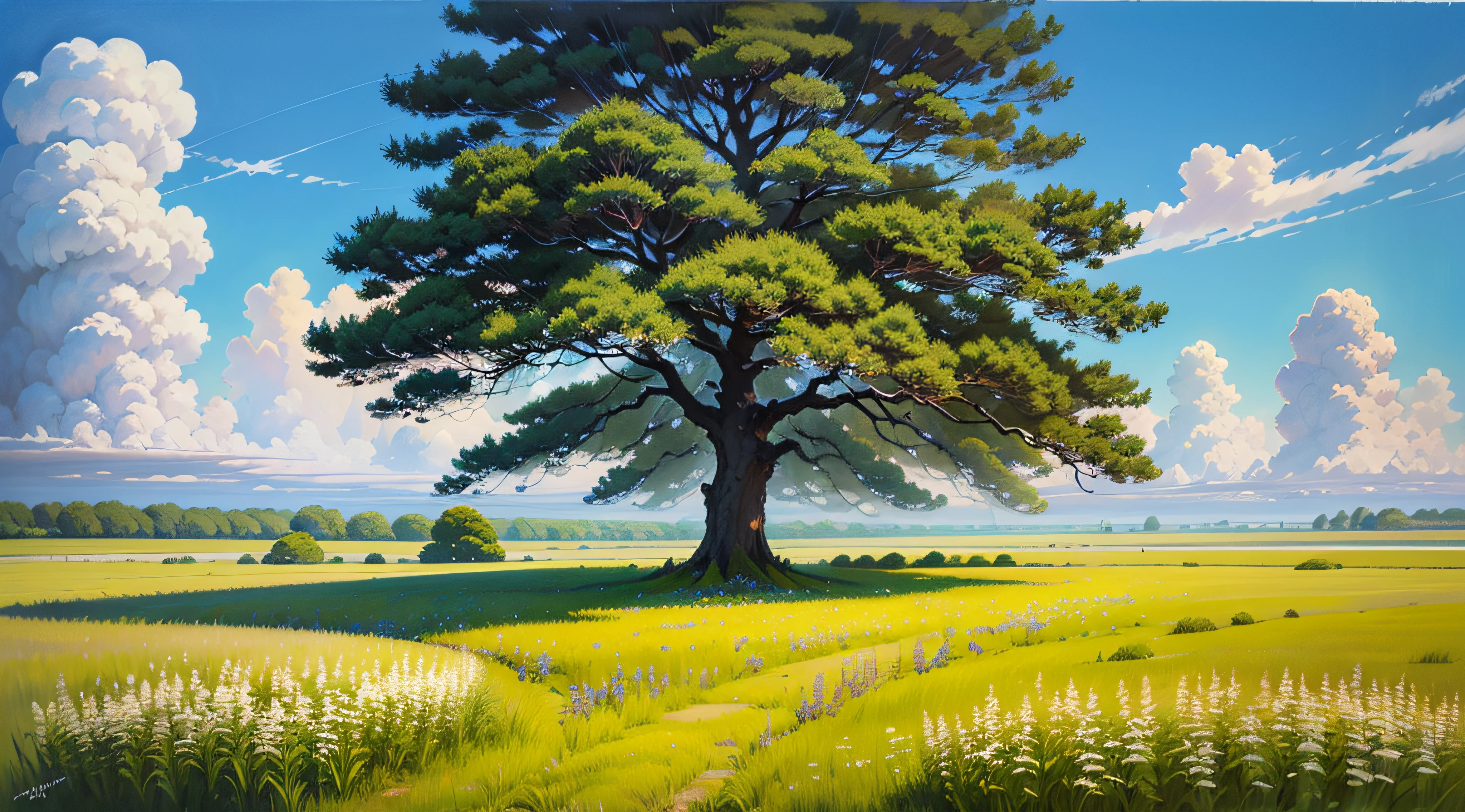 Realistic, authentic, beautiful and amazing landscape oil painting Studio Ghibli Hayao Miyazaki&#39;s petal grassland with blue sky and white clouds