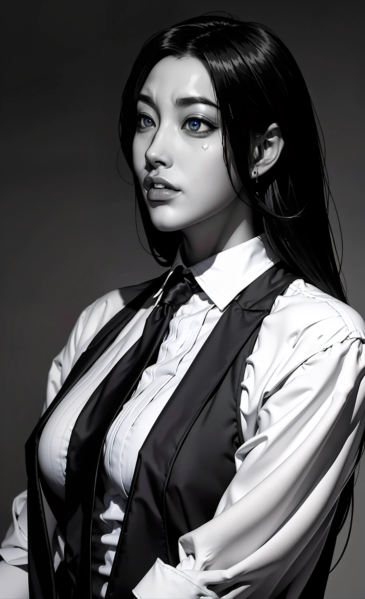 Close-up of a girl in a suit and tie, androgynous vampire, junji ito 4 k, with long dark hair, ito junji art, style of junji ito, Dark Costume, portrait of sadako of the ring, Beautiful androgynous princess, Gentle androgynous princess, with her long black hair, girl in suit, (Lovely Medium Breasts), perfect anatomy, (Gloomy color scheme:1.5), (skinny body)