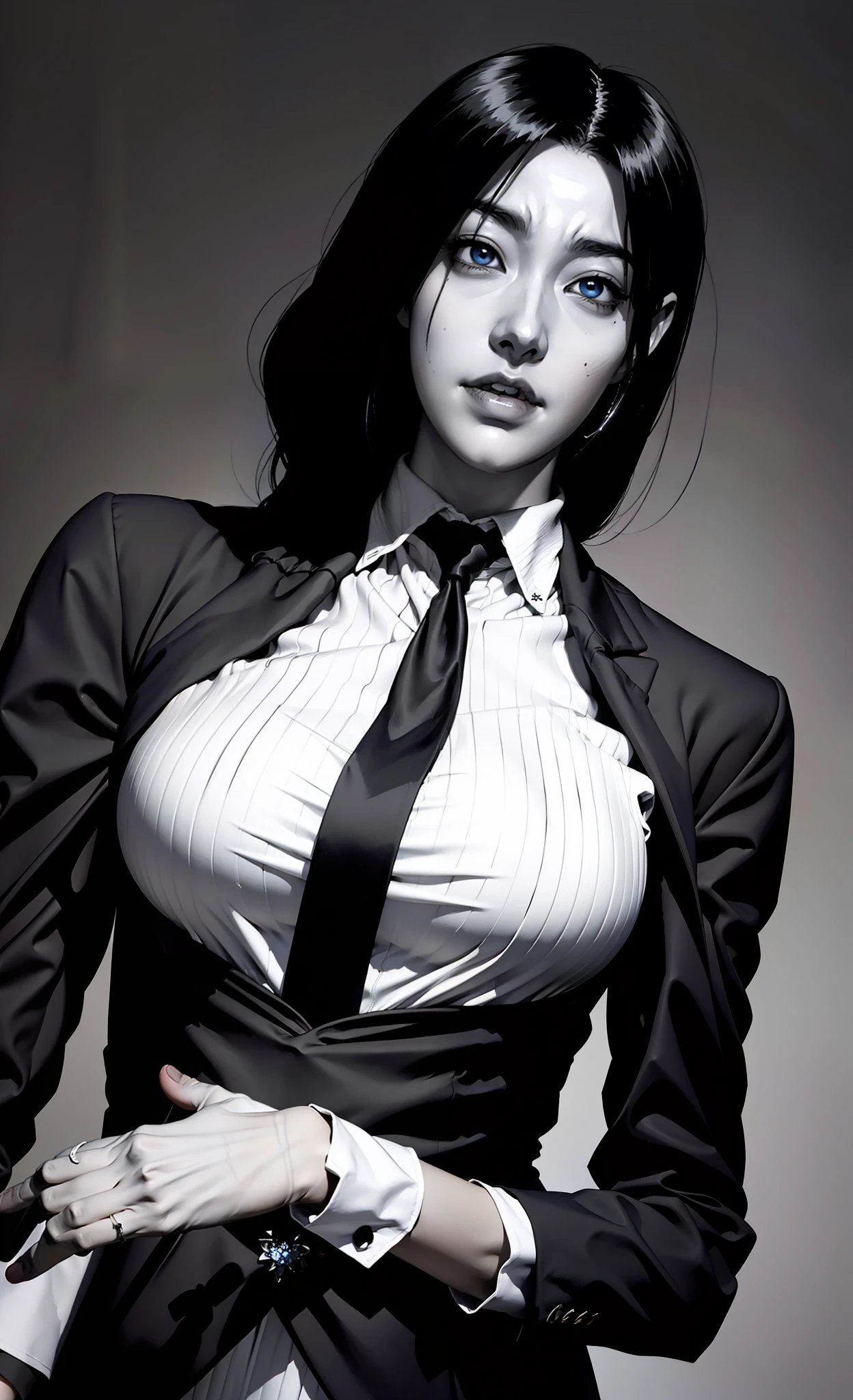 Close-up of a girl in a suit and tie, androgynous vampire, junji ito 4 k, with long dark hair, ito junji art, style of junji ito, Dark Costume, portrait of sadako of the ring, Beautiful androgynous princess, Gentle androgynous princess, with her long black hair, girl in suit, (Lovely Medium Breasts), perfect anatomy, (Gloomy color scheme:1.5), (skinny body)