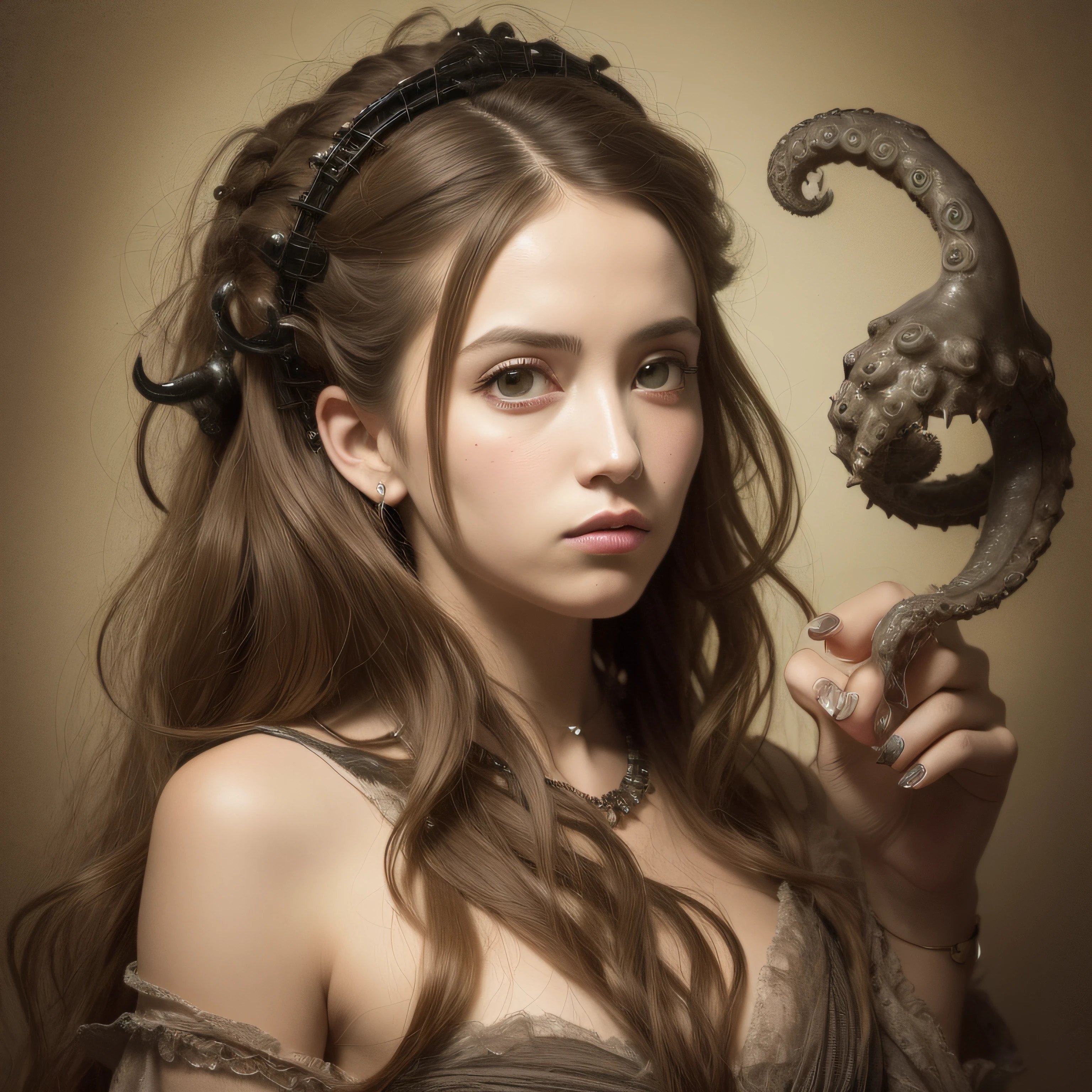 (extremadamente detallado, obra maestra, La mejor calidad), Estilo oscuro, intense illumination, rostro con arrugas, lengua larga, colmillos, tentacle, lobo deforme, monstruoso, amenazante. mujer punk. Rococo composition. Luz de caravaggio