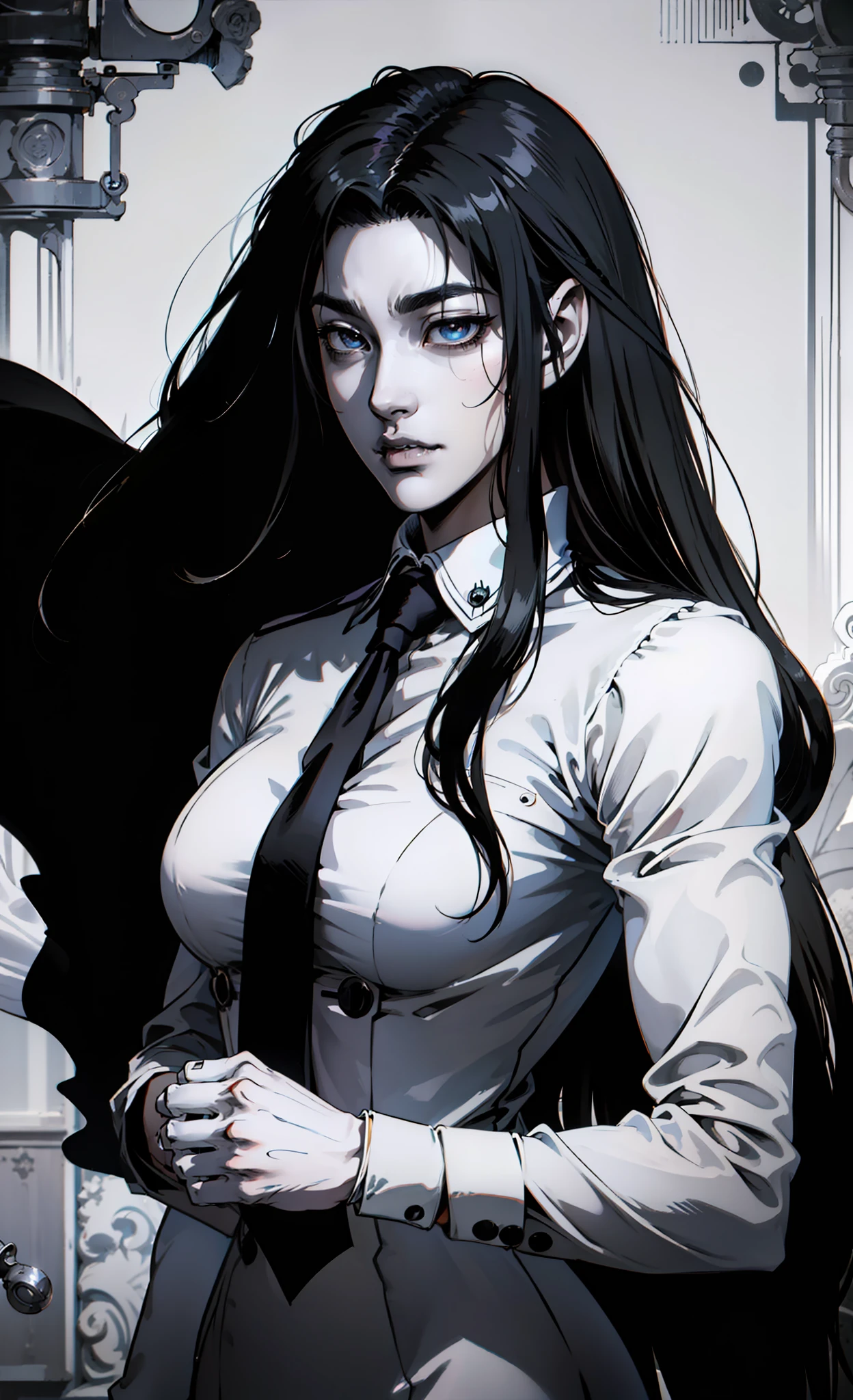 Close-up of a girl in a suit and tie, androgynous vampire, junji ito 4 k, with long dark hair, ito junji art, style of junji ito, Dark Costume, portrait of sadako of the ring, Beautiful androgynous princess, Gentle androgynous princess, with her long black hair, girl in suit, (Lovely Medium Breasts), perfect anatomy, (Gloomy color scheme:1.5), (skinny body)