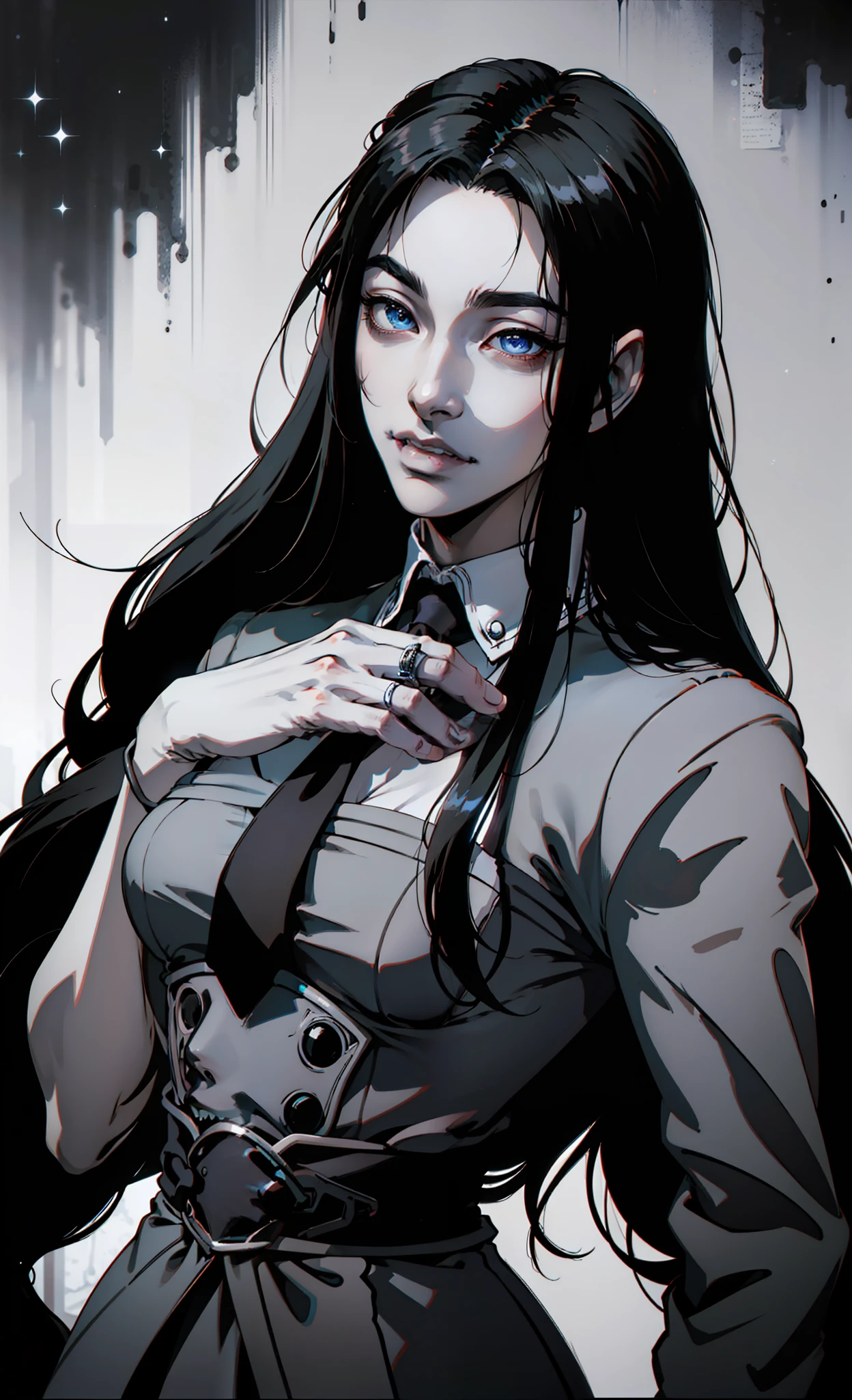 Close-up of a girl in a suit and tie, androgynous vampire, junji ito 4 k, with long dark hair, ito junji art, style of junji ito, Dark Costume, portrait of sadako of the ring, Beautiful androgynous princess, Gentle androgynous princess, with her long black hair, girl in suit, (Lovely Medium Breasts), perfect anatomy, (Gloomy color scheme:1.5), (skinny body)