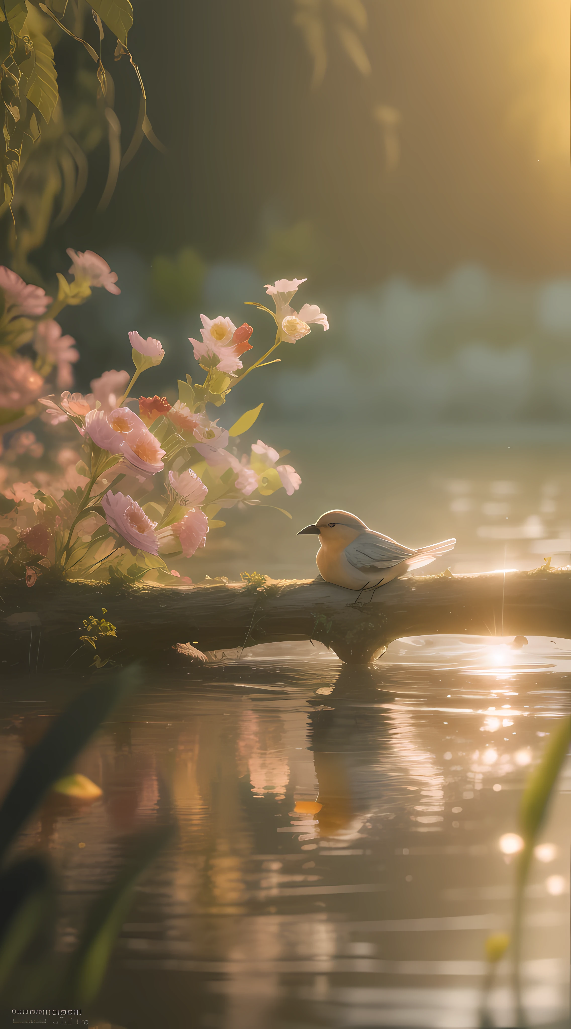 there is a bird that is sitting on a branch in the water, summer morning light, sunflares;back to camera, still from a nature documentary, sunny morning light, water reflecting suns light, a still of an ethereal, grass and water, early morning light, flowers exploding and spraying, summer morning, soft sunlight dappling, realictic, morning light, soft light.4k
