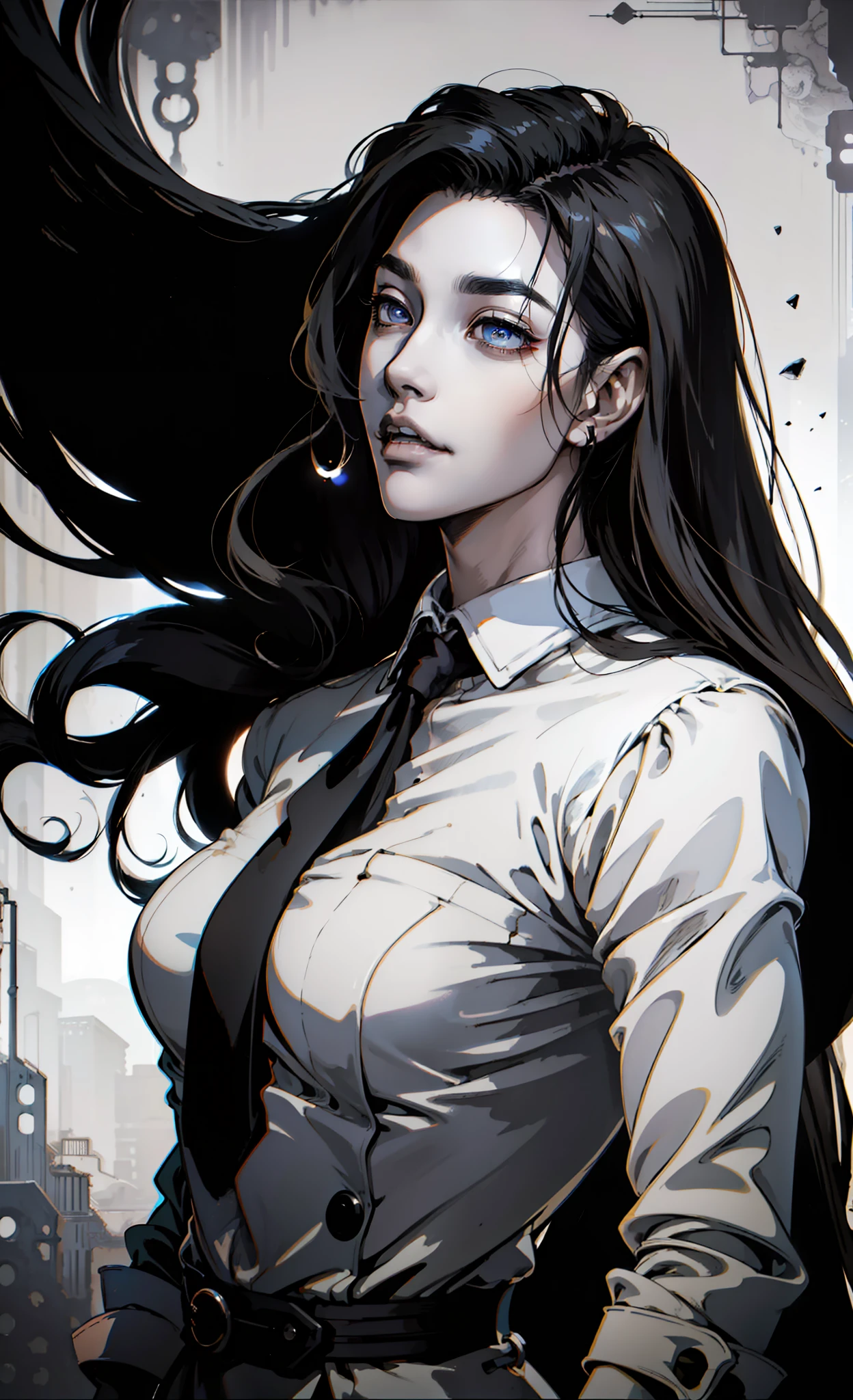 Close-up of a girl in a suit and tie, androgynous vampire, junji ito 4 k, with long dark hair, ito junji art, style of junji ito, Dark Costume, portrait of sadako of the ring, Beautiful androgynous princess, Gentle androgynous princess, with her long black hair, girl in suit, (Lovely Medium Breasts), perfect anatomy, (Gloomy color scheme:1.5), (skinny body)