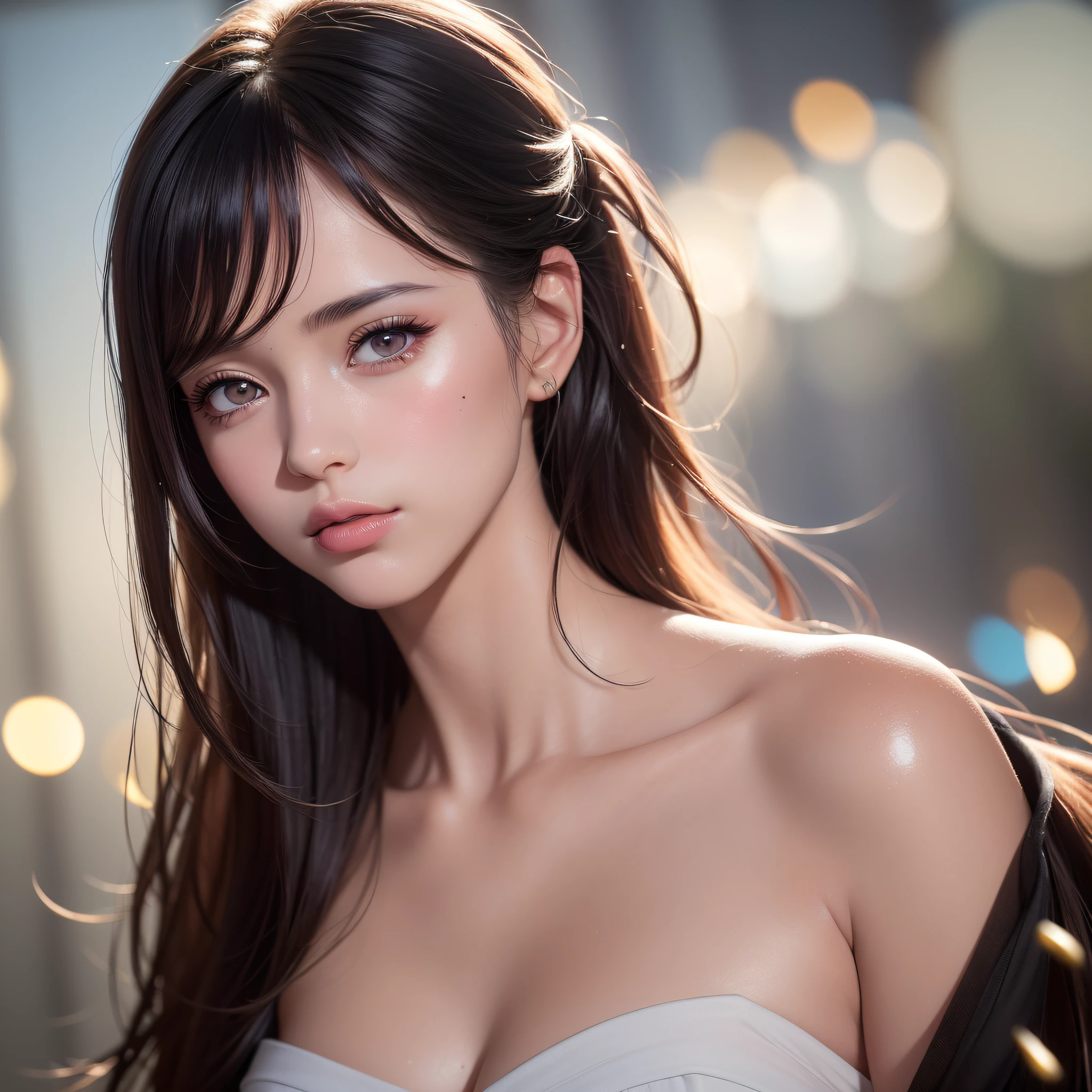 (8k, RAW, Photorealistic: 1.25), (Lip Gloss, Eyelashes, Glossy Face, Glossy Skin, Best Quality, Ultra High Resolution, Depth of Field, Chromatic Aberration, Caustics, Wide Lighting, Natural Shading) The viewer looks at a calm and goddess-like euphoria,