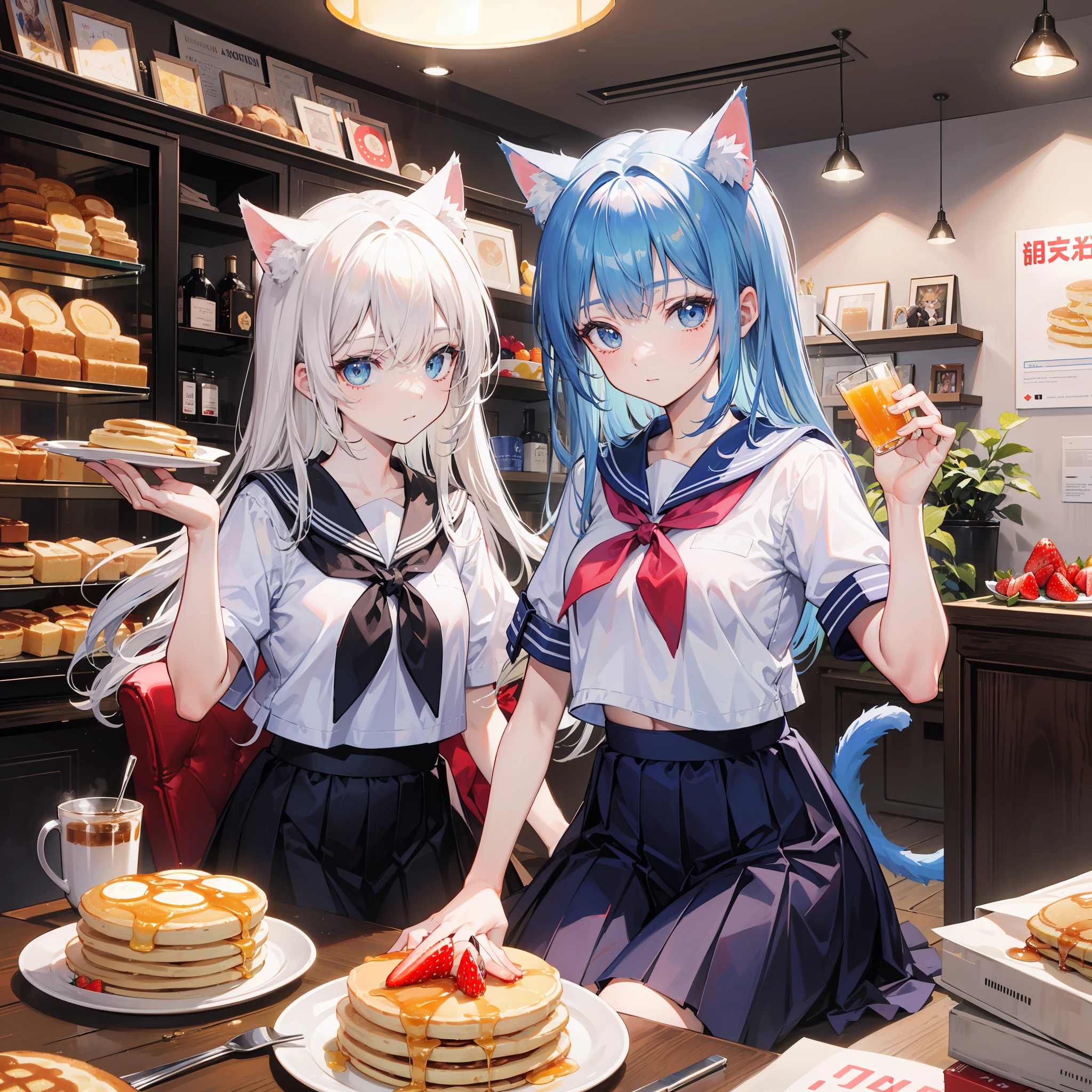 masutepiece,Best Quality,ultra-detailliert,Two hands,Two legs,Five Fingers,best faces,1 girl,Light blue long hair,timid,Cat ears,pale blue eyes, Height 145cm,small tits,Cat tail,a sailor suit,white t-shirts,a black skirt,Strawberry pancakes on a plate, blueberry, whipped cream,syrup,Bringing light to the eyes,Fashionable shops,Western style,Sitting on a chair,Take a photo of the pancake