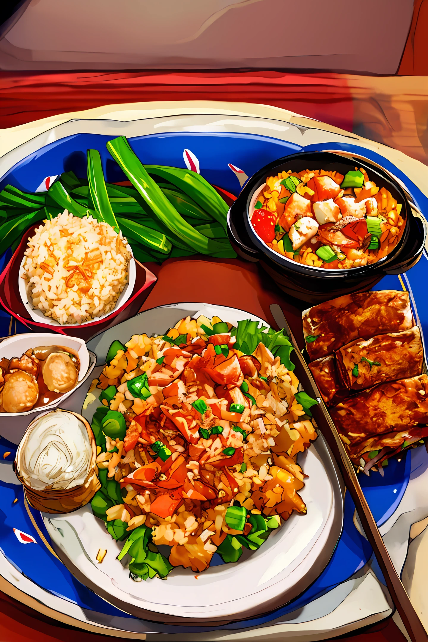 A very rich set of dishes, including assorted fried rice, crab, burritos, roast duck, roast squab, spicy soup pot, green vegetables, green onions, delicious, colorful dishes,