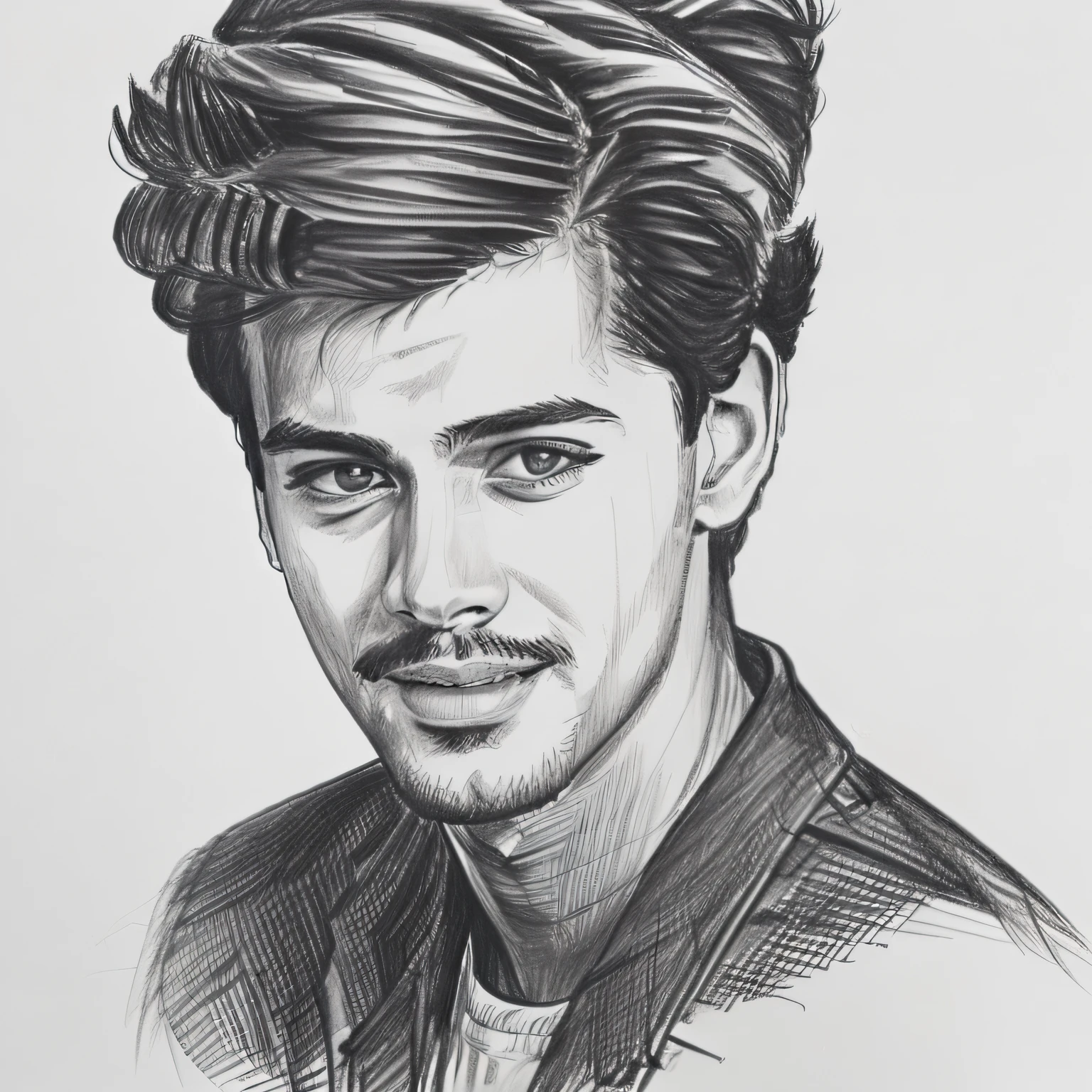 A compelling greyscale pencil drawing portraying a confident teenage male with facial hair, exuding elegance and charm, showcased in a detailed portrait that extends till his upper body. The teenager's facial features are meticulously drawn, capturing precise details of his well-defined jawline, expressive eyes, and intricate facial hair. His confident look is emphasized, radiating an aura of self-assurance. The drawing is rendered in 8K HDR, ensuring stunning visual clarity and depth, elevating the detailed artwork. The background is kept minimal, accentuating the focus on the teenager's captivating presence and the elegant greyscale aesthetics. Style: Pencil drawing with a focus on precise linework, shading, and texture, capturing the essence of the teenager's confident expression and facial features. Execution: Created using high-quality pencils on fine-grained paper, employing various shading techniques to achieve a lifelike portrayal with rich details and textures, while showcasing the elegant greyscale style that enhances the teenager's charisma. --ar 1:1 --stylize250