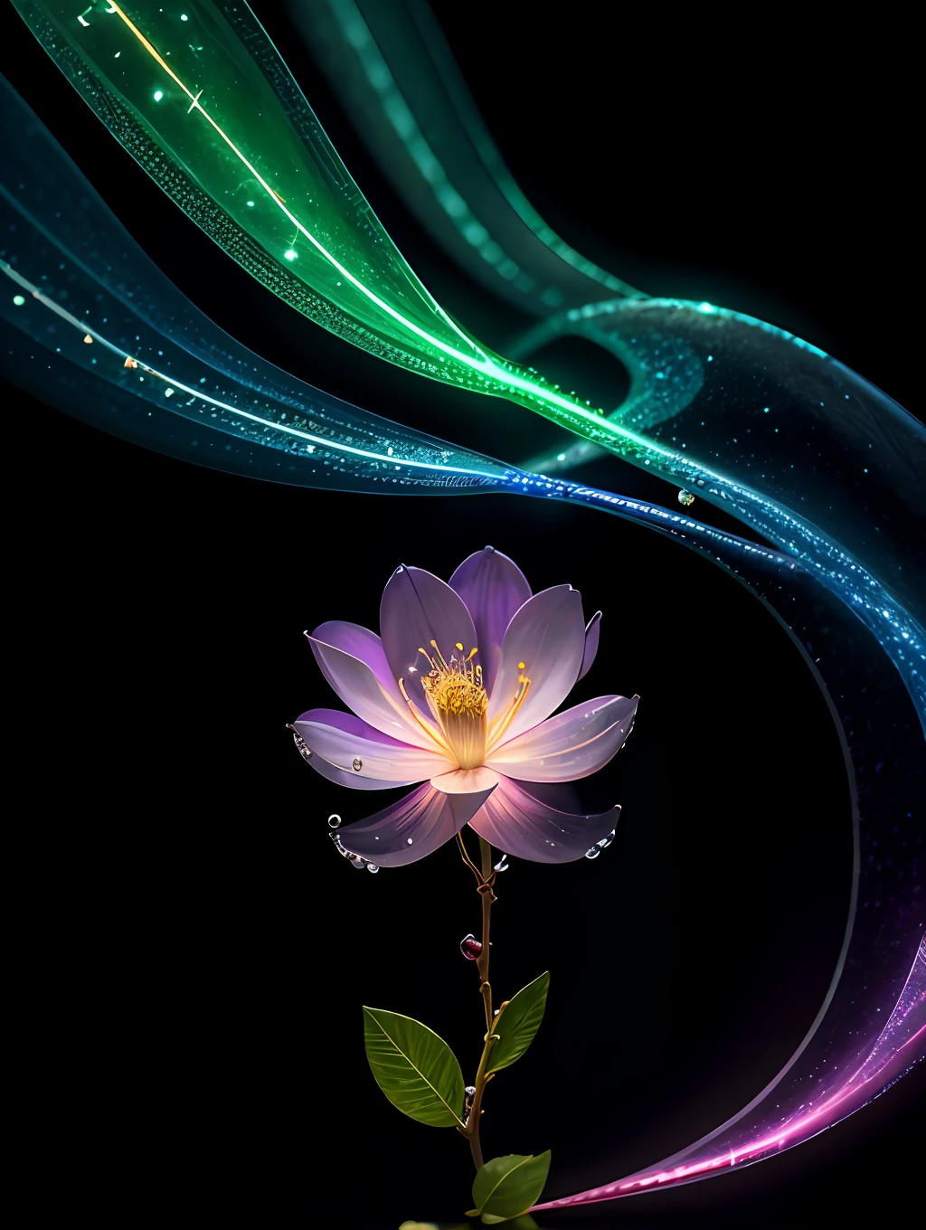 branch of delicate lilac flowers, super transparent, holy light, beautiful spectral light, petals glow, flashing, dark background, drops of transparent light, reflective light, bright, light streaming in, optics, portrait profile, sharp focus, magical, intricate, ultra realistic, fantasy, composition, light, trend on artstation, pearl, patronus cloud of silvery vapor, corrosive enveloping ray family, 8k, ureal ar 23v4 uplight