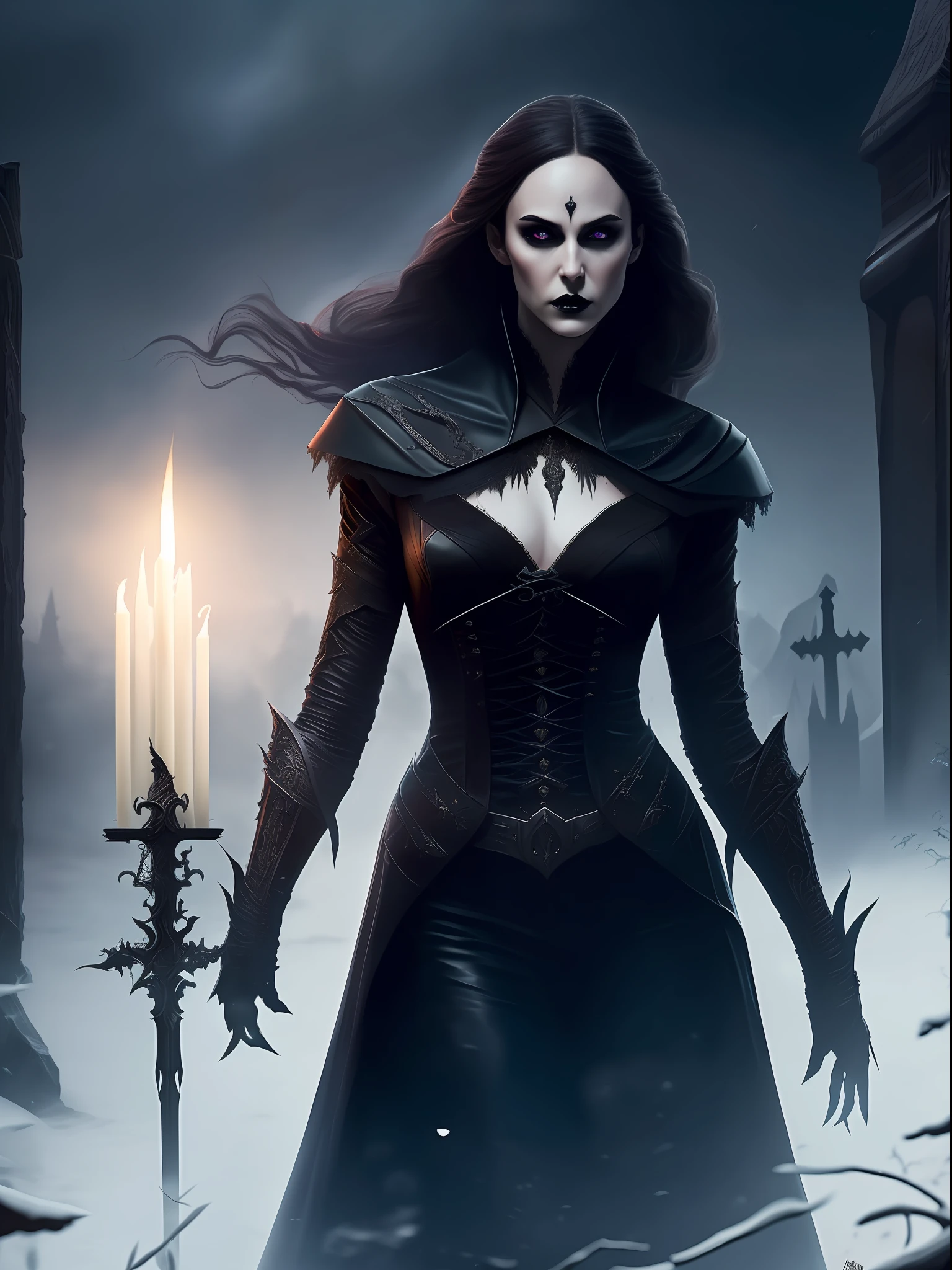 Masterpiece, Best Quality, Horror, Portrait of a beautiful woman in a leather cape, holding one candle in his hand, nervously looking around, (Barely noticeable ghost spirits fly around:1.2), At the Night Cemetery, Matching eyes, art by Greg Rutkowski, pale (angry:1.3) Female nosferatu in black gothic lace robe, (Detailed, darkest eyes:1.4), Show fangs, pronounced feminine feature, ultra wide angle, In Focus, dark epic background, Gorgeous realistic, A complete and whole body, full-body shooting, hyper-detailing, The Art of Lighting, Cinematic, insane details, intricate details, hyper-detailing, goth, fractal, Dark shot --auto