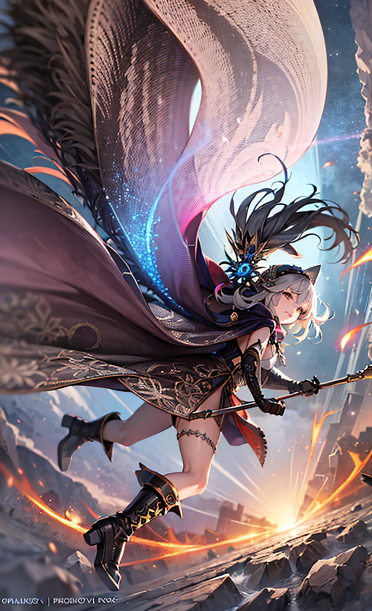 masterpiece, best quality, ultra-detailed, illustration, 1girl, solo, fantasy, flying, broom,   night sky, outdoors, magic, spells, moon, stars, clouds, wind, hair, cape, hat, boots, broomstick, glowing, mysterious, enchanting, whimsical, playful, adventurous, freedom, wonder, imagination, determination, skill, speed, movement, energy, realism, naturalistic, figurative, representational, beauty, fantasy culture, mythology, fairy tales, folklore, legends, witches, wizards, magical creatures, fantasy worlds, composition, scale, foreground, middle ground, background, perspective, light, color, texture, detail, beauty, wonder.