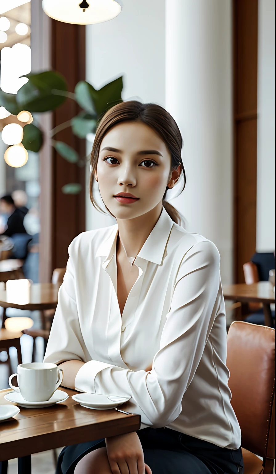 Frontal photo，Beautiful model sitting in a café，Elegant and dignified atmosphere，Bright shades，Mellow Atmosphere，Warm and comfortable atmosphere，telephoto lenses，softlighting，positive，GAN technology，Unity engine，4K Ultra HD。