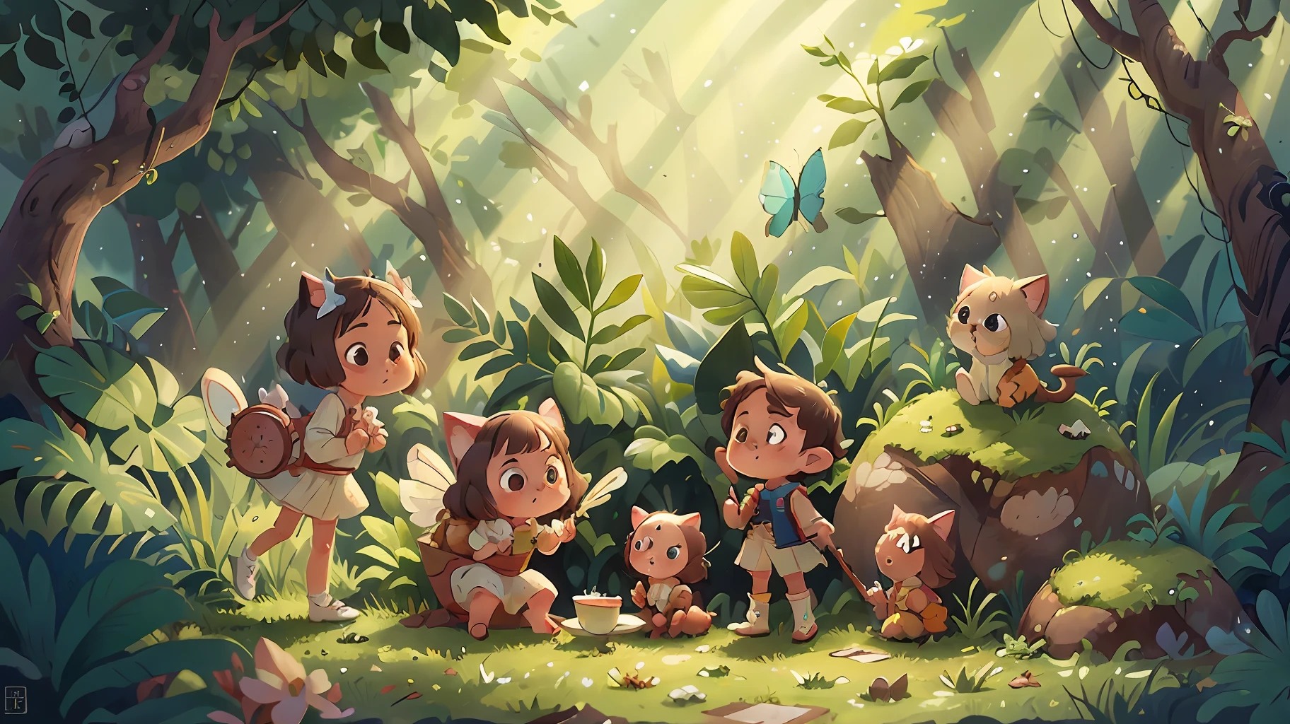 One (White clothes, Red shoes, Short hair)And a couple of elves(Bühler pans, Looks like a cat),(Extremely delicate depiction of facial details),butterflies flying,In the jungle after rain,Sunlight shines in intermittently,(tmasterpiece),Extremely detailed picture details,ultra HD picture quality,(8k wallpaper),(CG),(Fairy tale style), Inspired by:《alice in the wonderland》