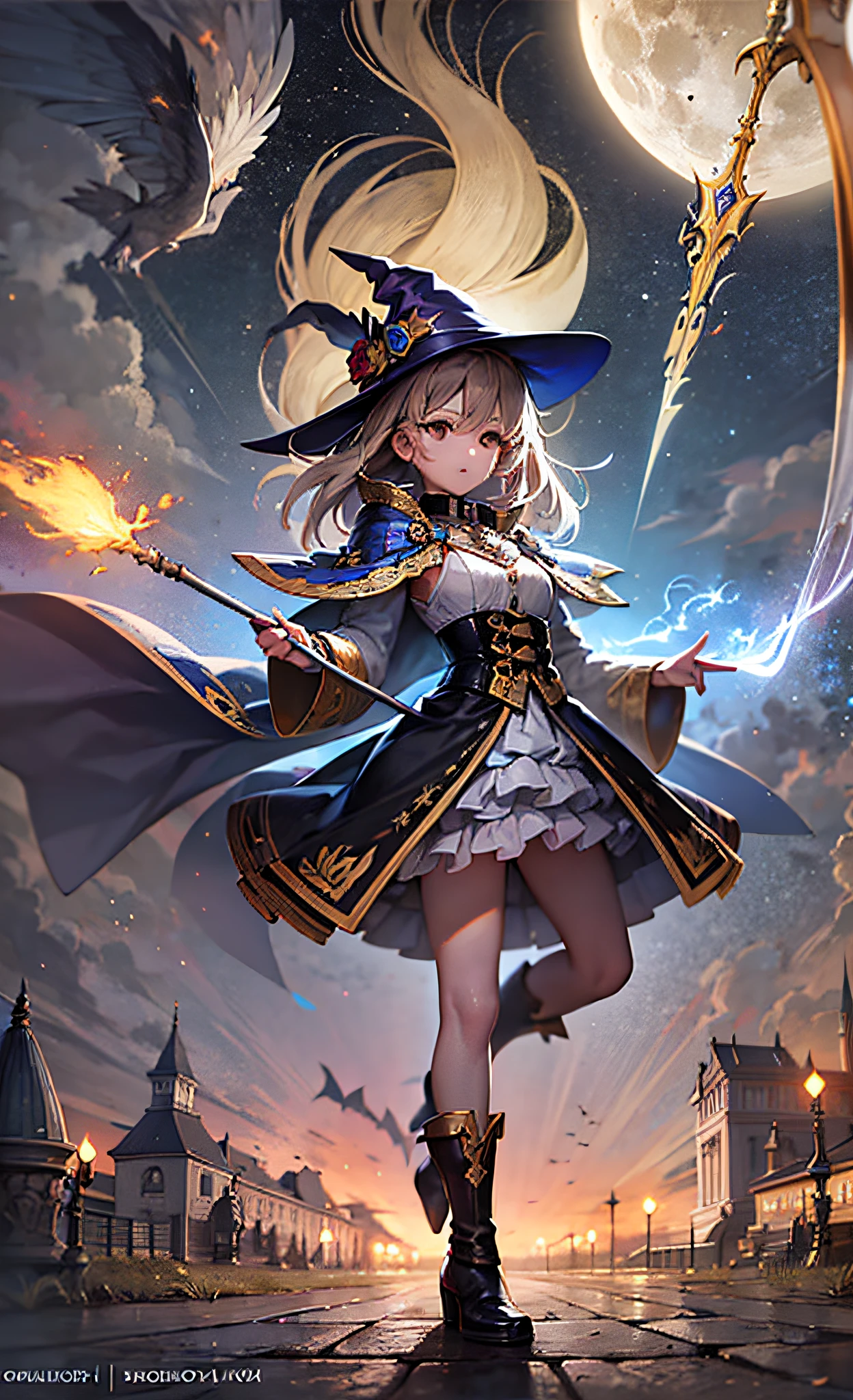 masterpiece, best quality, ultra-detailed, illustration, 1girl, solo, fantasy, flying, broom, night sky, outdoors, magic, spells, moon, stars, clouds, wind, hair, cape, hat, boots, broomstick, glowing, mysterious, enchanting, whimsical, playful, adventurous, freedom, wonder, imagination, determination, skill, speed, movement, energy, realism, naturalistic, figurative, representational, beauty, fantasy culture, mythology, fairy tales, folklore, legends, witches, wizards, magical creatures, fantasy worlds, composition, scale, foreground, middle ground, background, perspective, light, color, texture, detail, beauty, wonder.