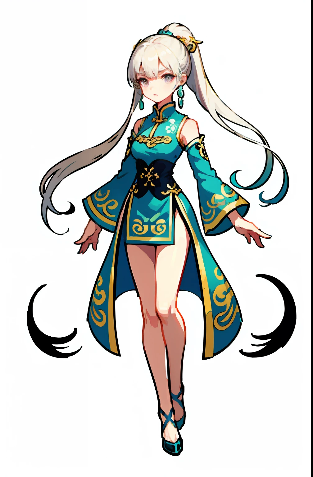 (offcial art:1.5,品质最佳,finedetail)full bodyesbian,Beautiful white girl,Chinese mythology style fantasy world costume,white skirt,Long, Flowing white hair,Very long ponytail,refined demeanor,A faint sad expression,Heroic,The body is graceful,beautifullegs,perfect bodies,Elegant and flowing。