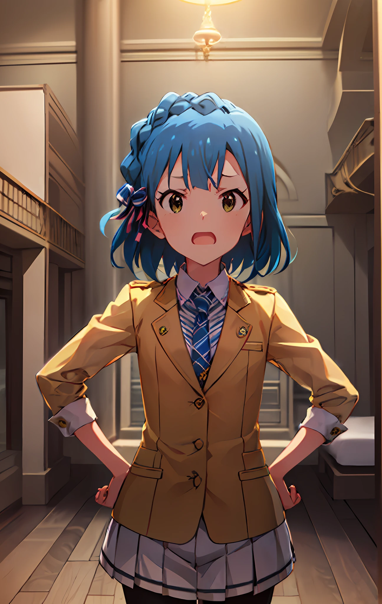 yuriko nanao (million live). Short stature. white t-shirts. suspenders.Skirt.(((masterpiece))).(((best quality))).((Ultra-detailed))).(((illustratio))). (((Put your hands on your hips))).(((a room))).(((make a fist))).(((up chest))).Despair face.((short-hair)).Medium chest.