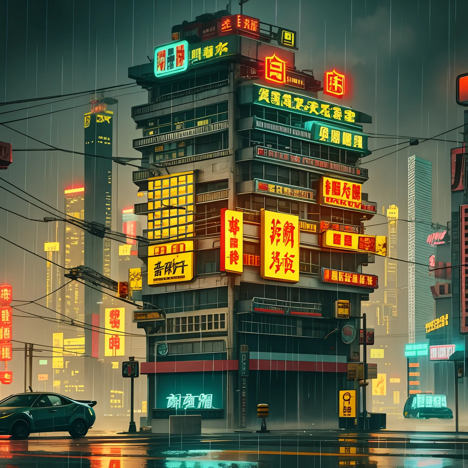 [Multiple Yellow Crane Towers in cyberpunk style are the main body，Simple and clear illustration style，The building has Chinese neon signs in various colors，oping American muscle car with tailgating，Crane-shaped cyberpunk creatures，There was rain and fog next to it，There is a contrast between cold and warm colors in the picture]