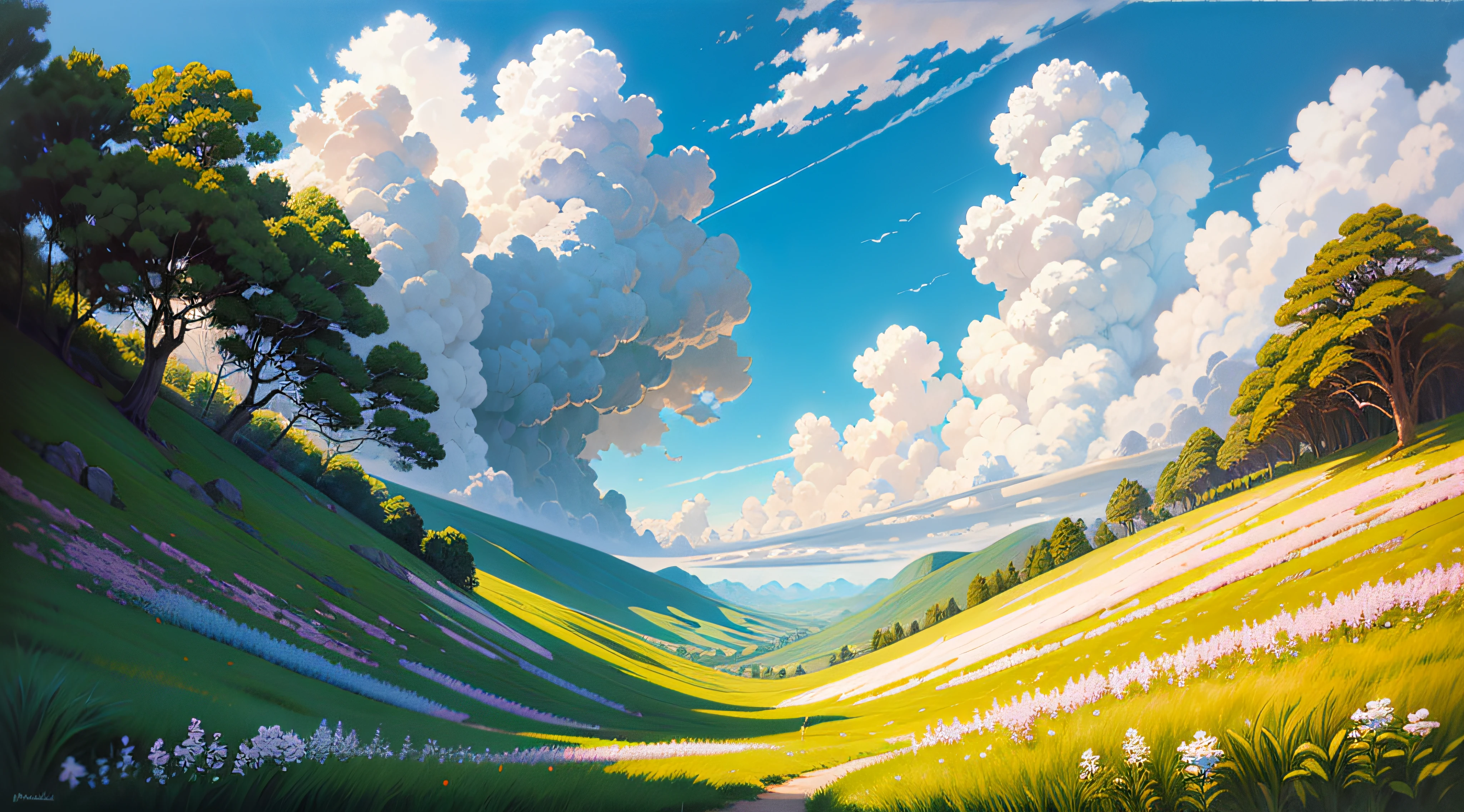 Realistic, authentic, beautiful and amazing landscape oil painting Studio Ghibli Hayao Miyazaki's petal grassland with blue sky and white clouds