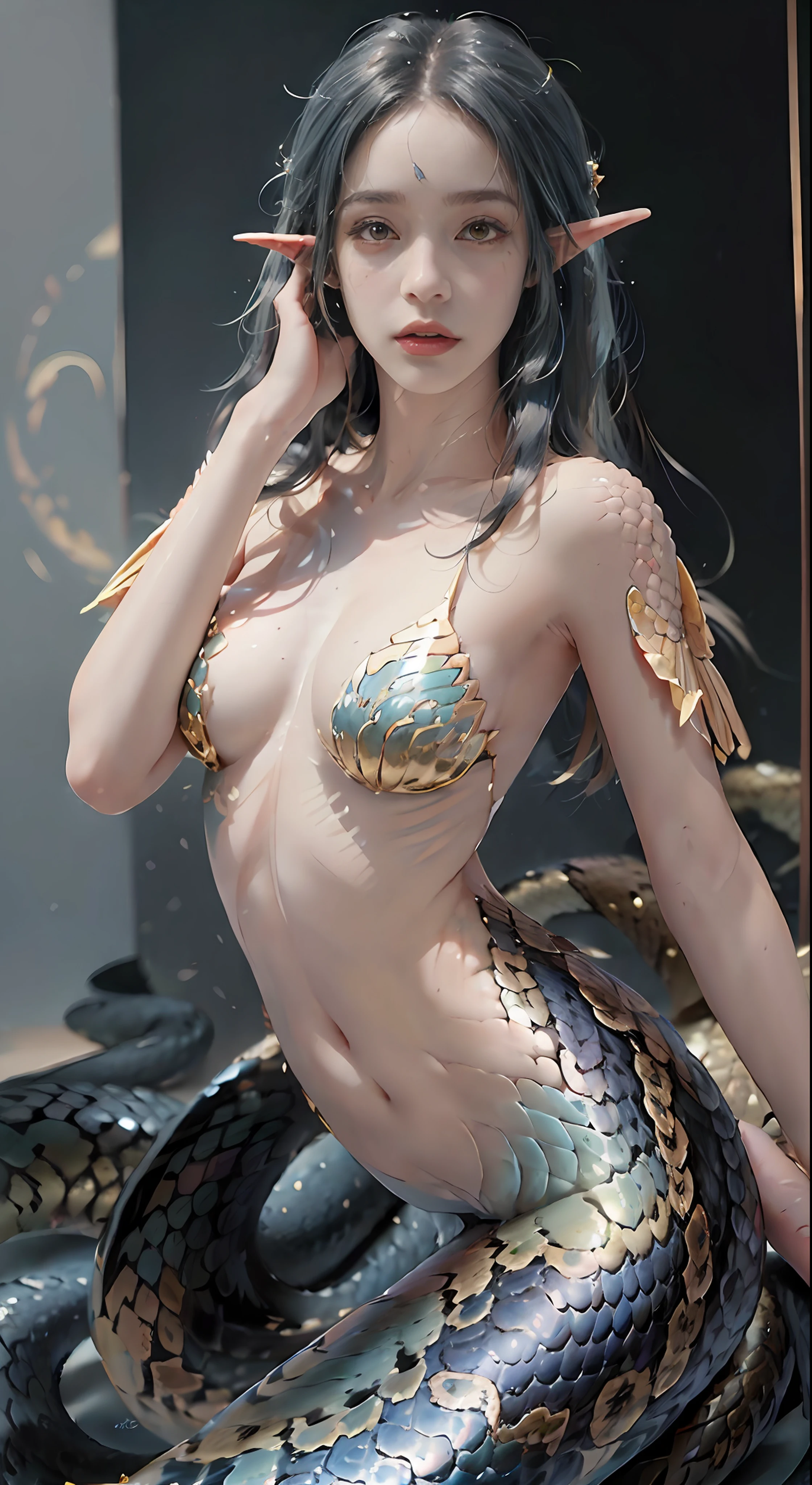 Dark environment,On the bed lay an elven beauty covered in golden scales,(mermaid:1.2), (Snake tail:1.3),8K UHD,RAW photo,(Python pattern),(snake man),(Crystal clear scales)golden colored,(Real Human:1.3),(A high resolution:1.4),(A detailed:1.5),(photorealestic:1.7),RAW photo,Portrait Photogram,Realistic scales,cabellos largos dorados,Skin is delicate and smooth,Full breasts,Bare body,Silk tulle coat,(Lamia),background is simple,RAW photo,超A high resolution,Foto realism,best qualtiy,(highdetailskin,skin detailed),Visible Pore,Shiny skin,tmasterpiece,finedetail,Colorization,Extremely Delicately Beautiful,Extremely detailed 8k wallpaper,8K high quality,Digital SLR,Snake man with beautiful details,(looking at viewert),professional photograph lighting,Faraway view,full bodyesbian