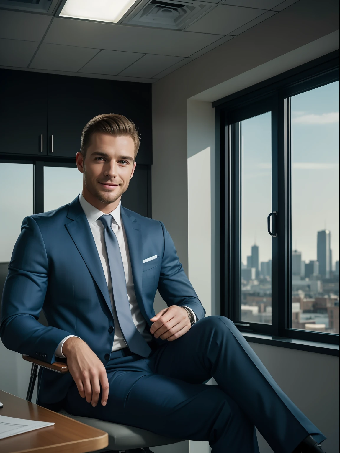 a handsome man sitting in the office,crew cut,business suit,windows,cityscape,full body,mature male,,best quality, 50mm f/2.8, photography  and GQ magazine, trending on flickr masterpiece, high resolution, best quality,, realistic, realistic photo, movie photo, ultra realistic, 1 person, detailed, perfect lighting, DSRL, professional photo, 4k ,Blue lighting,smile