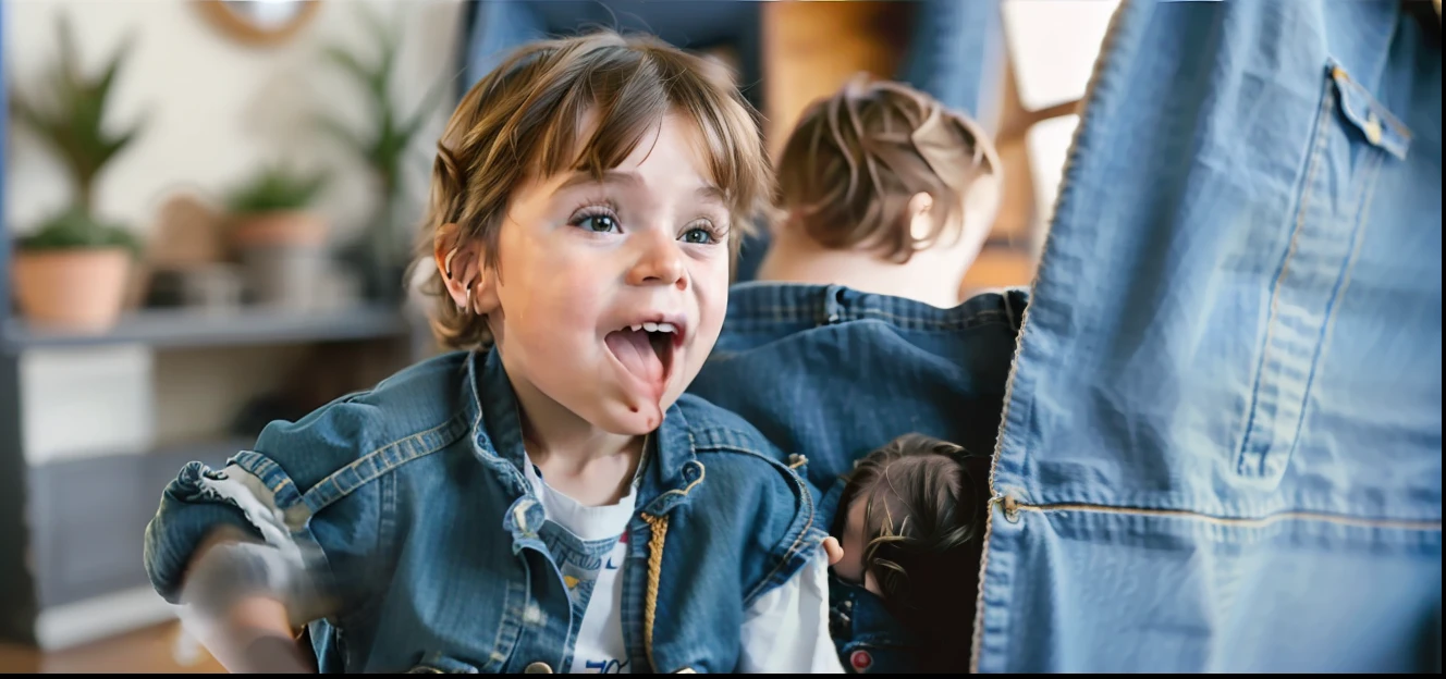 ((2-year-old child)),((brunette color hair)),Pose for photos in denim vests and jeans