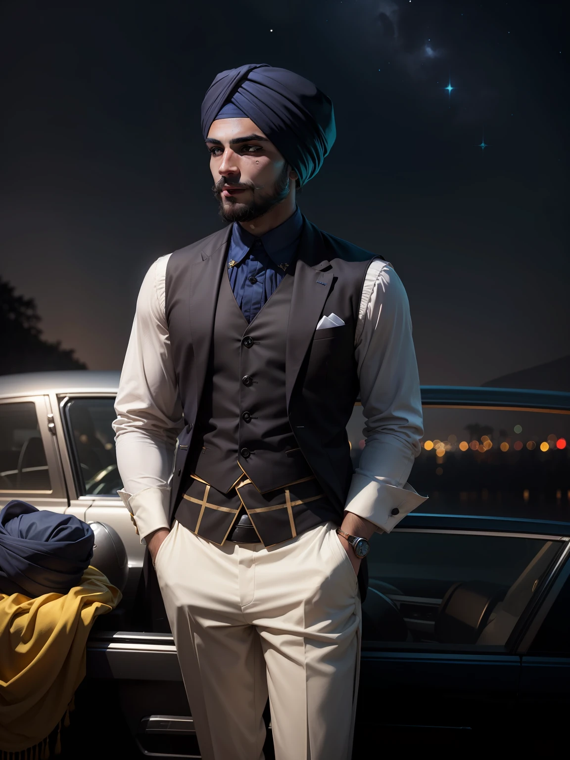 change background with dark night with amazing lights, change boy in middle attire as punjabi turban --auto