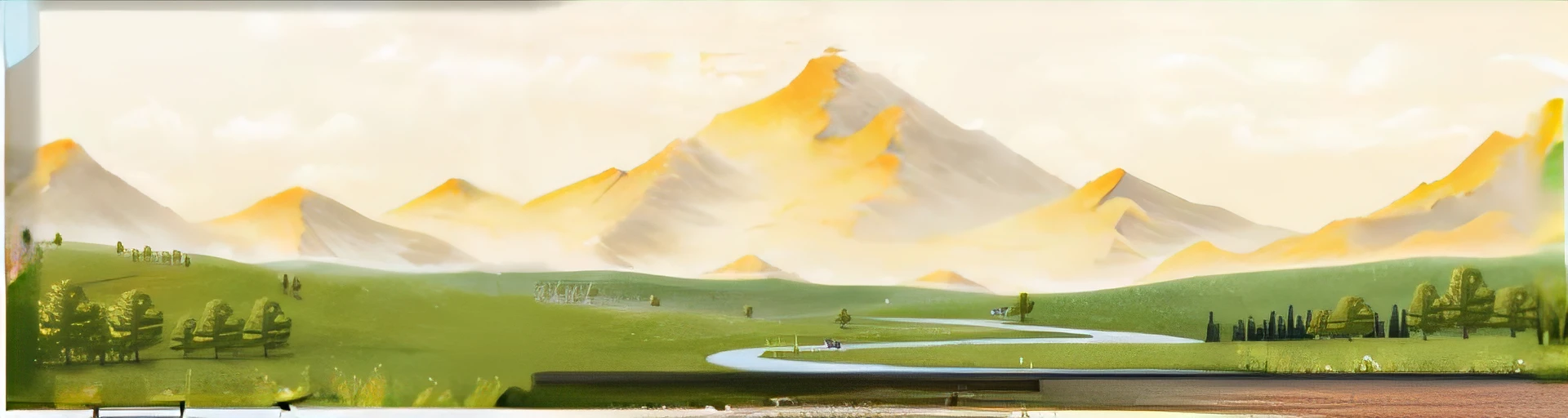 there is a painting of a mountain scene with a river, mountain range in background, mountain scene, painted landscape, mountains on the background, 3 d virtual landscape painting, mountain scene, background mountains, scenic environment, large mountains in back, Mountain background, some mountains in the background, optimistic matte painting, mountains on the background, mountain in background, flat matte painting, Distant mountains