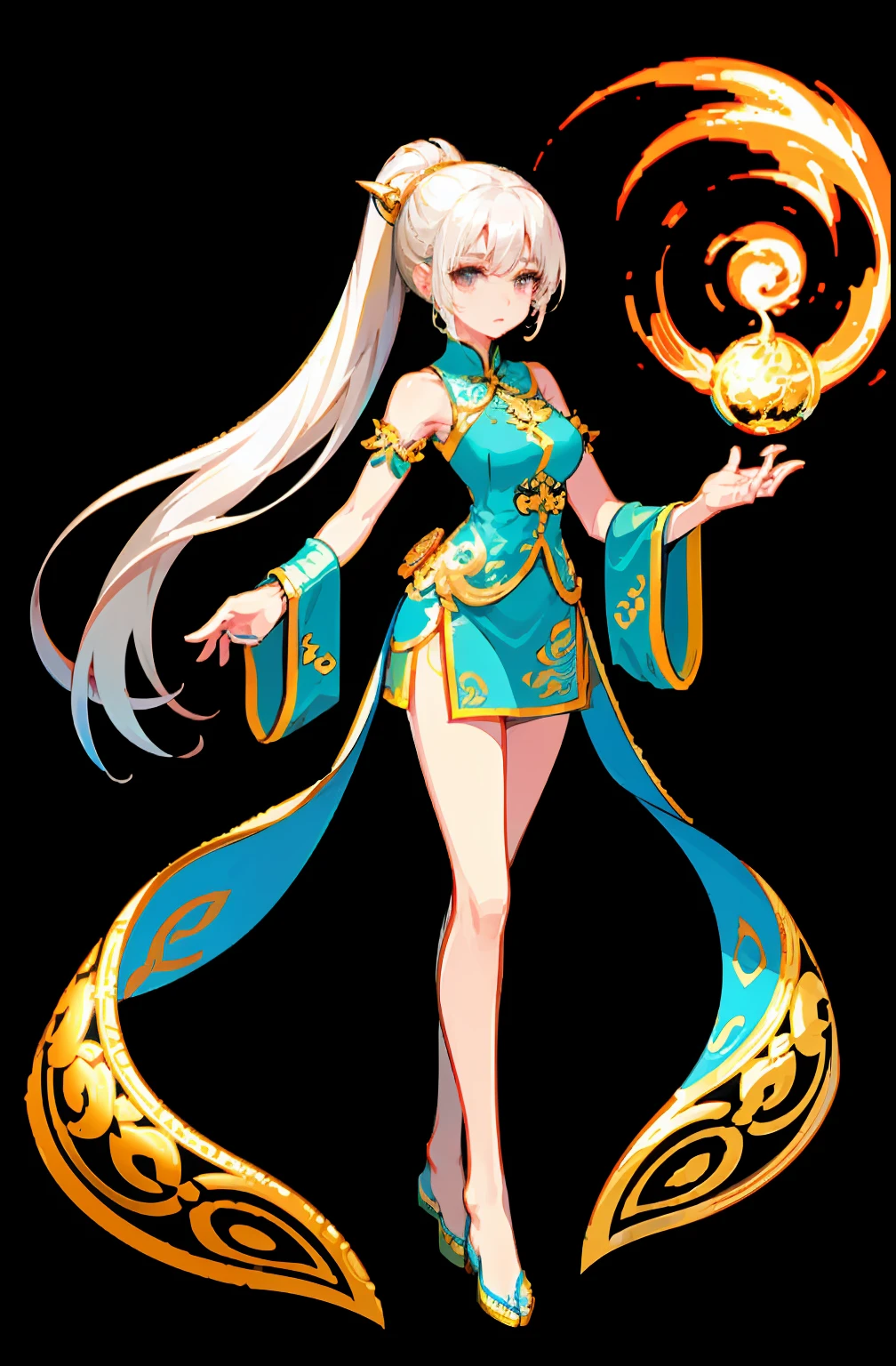 (offcial art：1.5，品质最佳，finedetail)full bodyesbian，Beautiful white girl，Chinese mythology style fantasy world costume，white  skirt，Long, Flowing white hair，Very long ponytail，refined demeanor，A faint sad expression，Heroic，The body is graceful，beautifullegs，perfect bodies，Elegant and flowing。