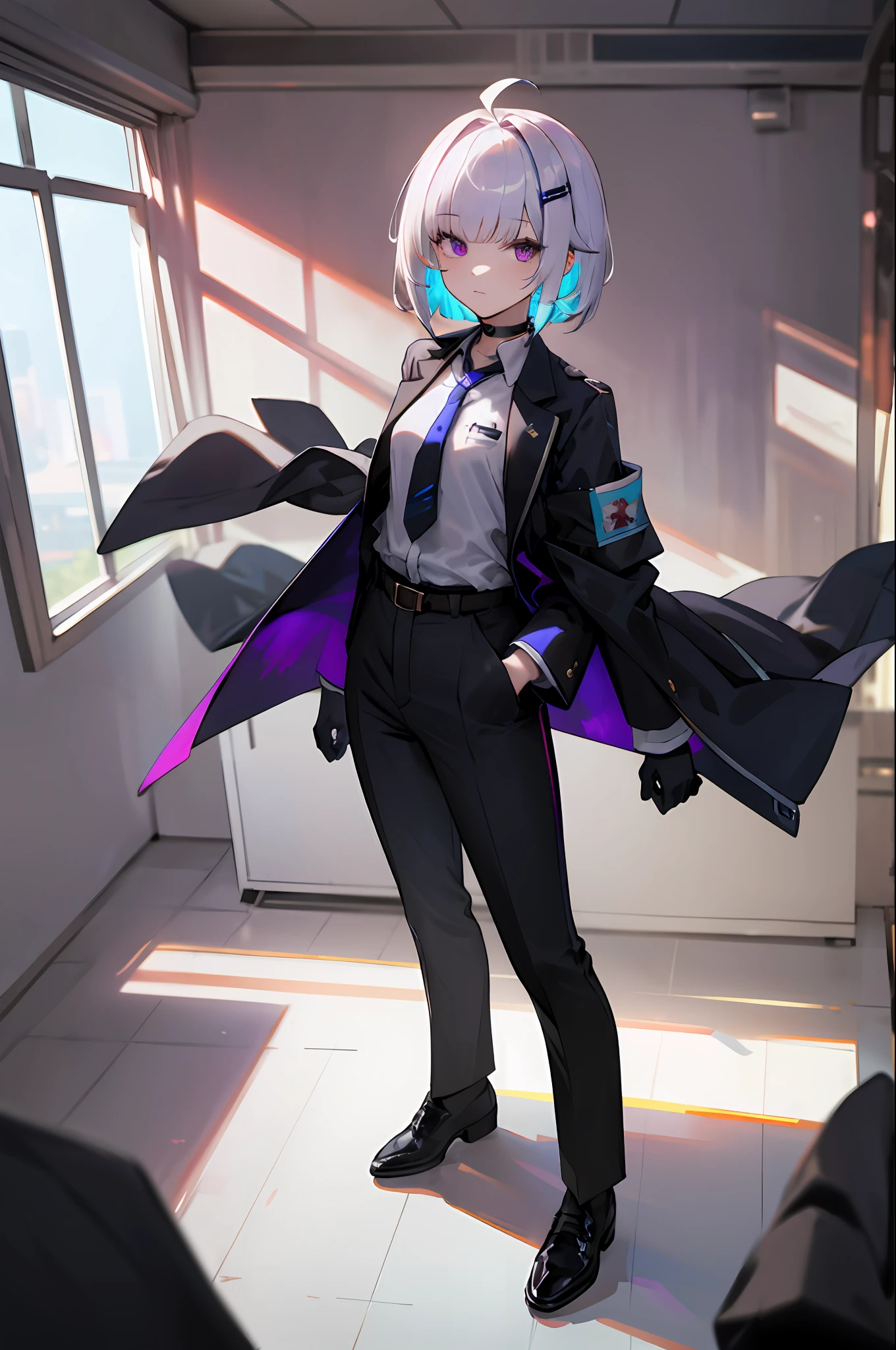 best quality, ultra-detailed, dolla, 1girl, solo, short_hair, undercut hair, breasts, bangs, shirt, gloves, long_sleeves, closed_mouth, jacket, full_body, white_shirt, ahoge, open_clothes, necktie, choker, black_gloves, belt, collared_shirt, pants, , black_footwear, open_jacket, black_jacket, , formal, black_pants, suit,, purple_necktie, earpiece, room, indoors,   (looking at viewer:1.3),,