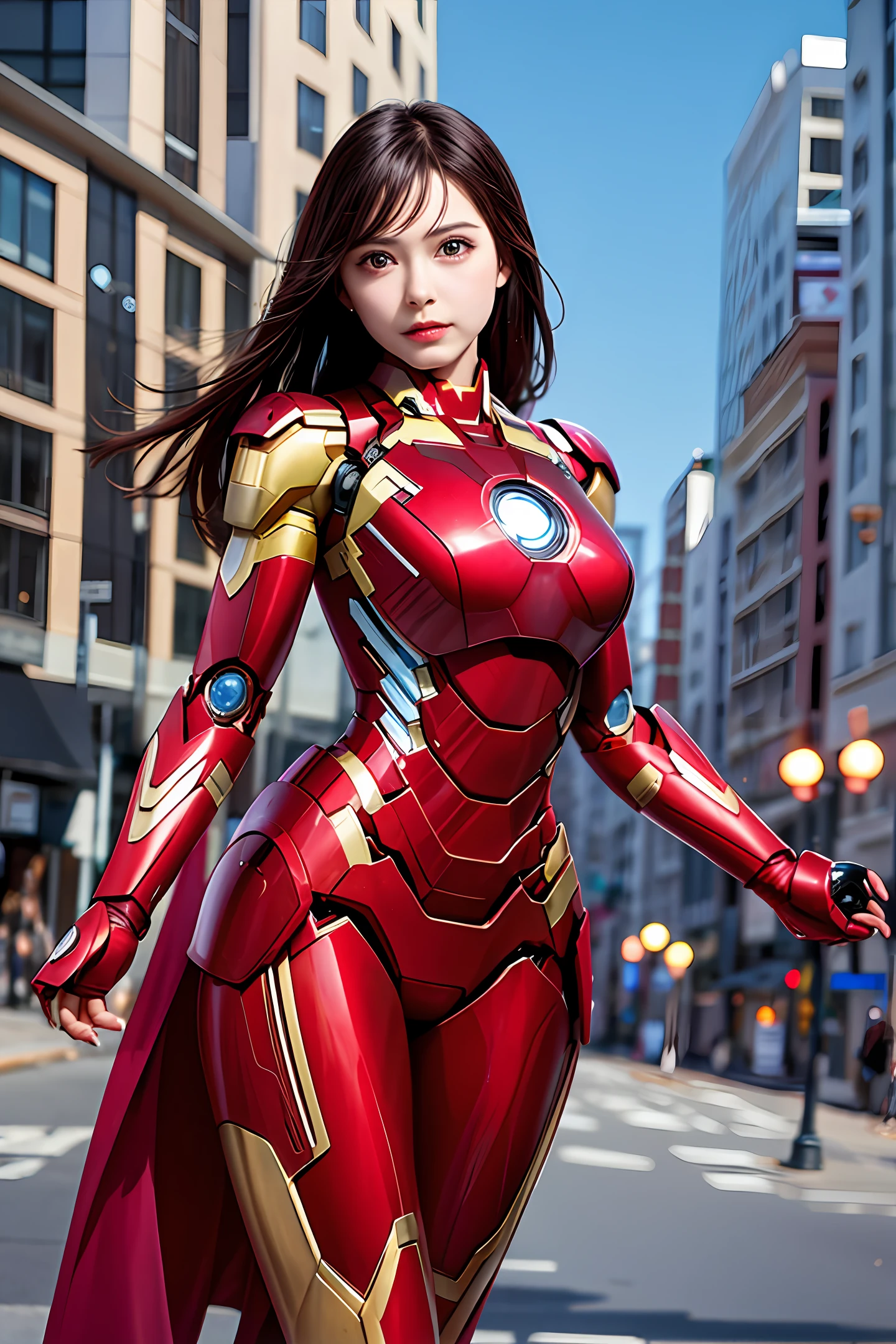 Iron Man is a beautiful, charming, charismatic woman, ultra realistic and futuristic heroine pose in a city with several buildings;
