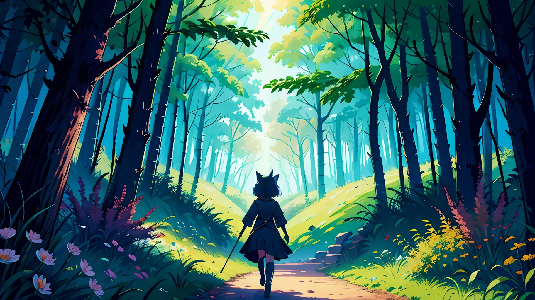A graphic illustration of a young catgirl entering a magical clearing in a mystic wood, glowing motes of light and beautiful flowers surround the clearing, , 8k, 16k
