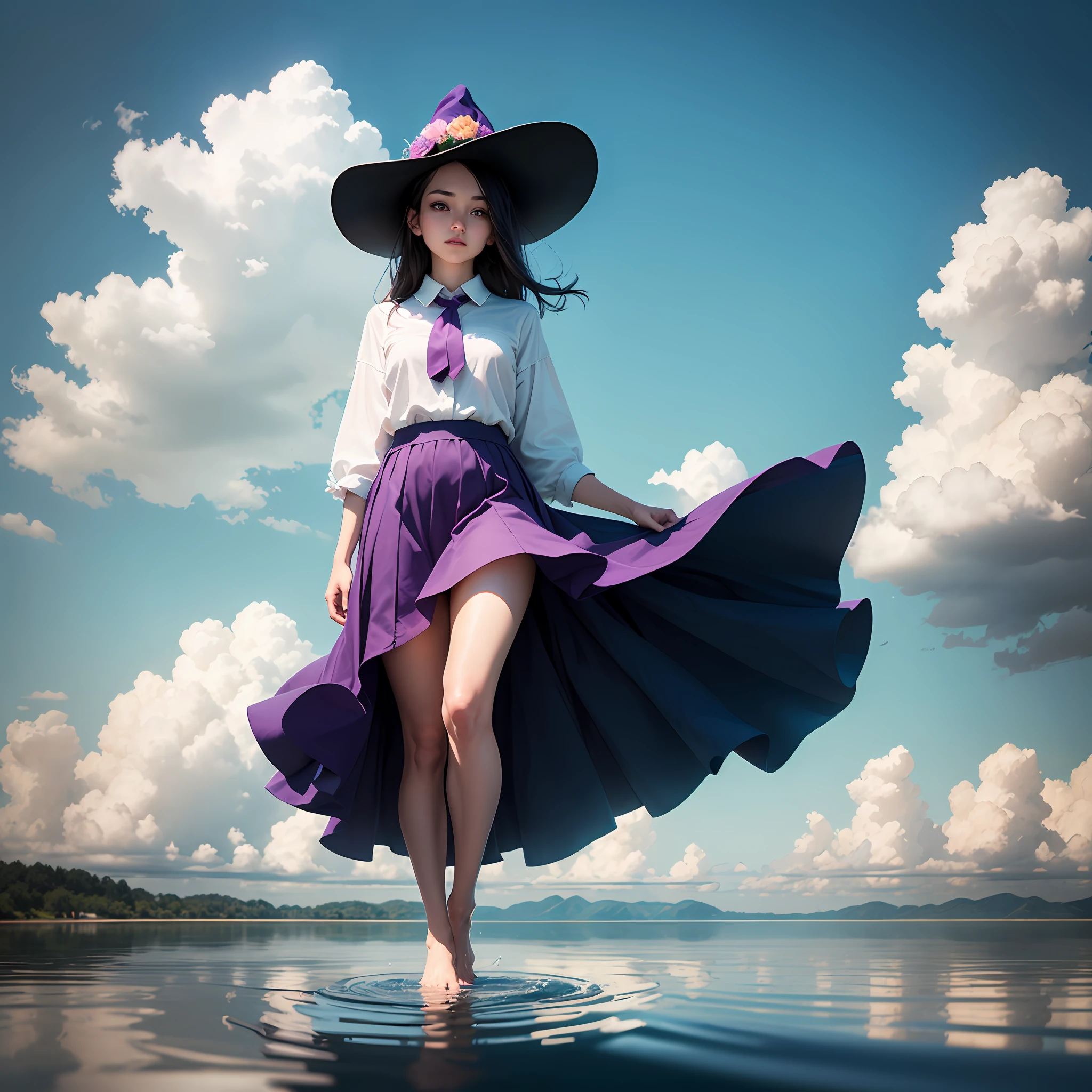 ph elaina_face, 1girll, Solo, Hat, shirt, Witch hat, Skirt, flower, White shirt, Purple eyes,Sea of Clouds,Sky Mirror,Standing barefoot on the water,cloudless sky --auto