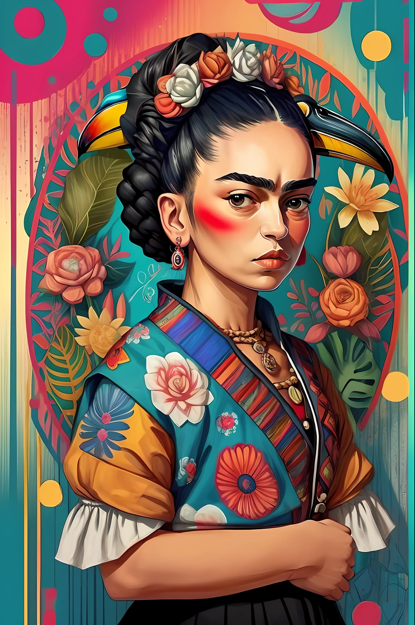 (Toucan bird)) - Criador: (Frida Kahlo 2023) ), Frida Kahlo acolchoamento ,multidimensional geometric wall PORTRAIT, arte, Chibi,
Yang08k, lindo, Colouring,
Primary works, qualidade superior, melhor qualidade, Arte Oficial, Beautiful and Aesthetic,)) ), ,,  Estofamento Frida Kahlo ,multidimensional geometric wall PORTRAIT, arte, Chibi,
Yang08k, lindo, (Colouring,predominante), laranja , portanto , ,vermelho e branco)
Primary works, qualidade superior, melhor qualidade, Arte Oficial, Beautiful and Aesthetic,