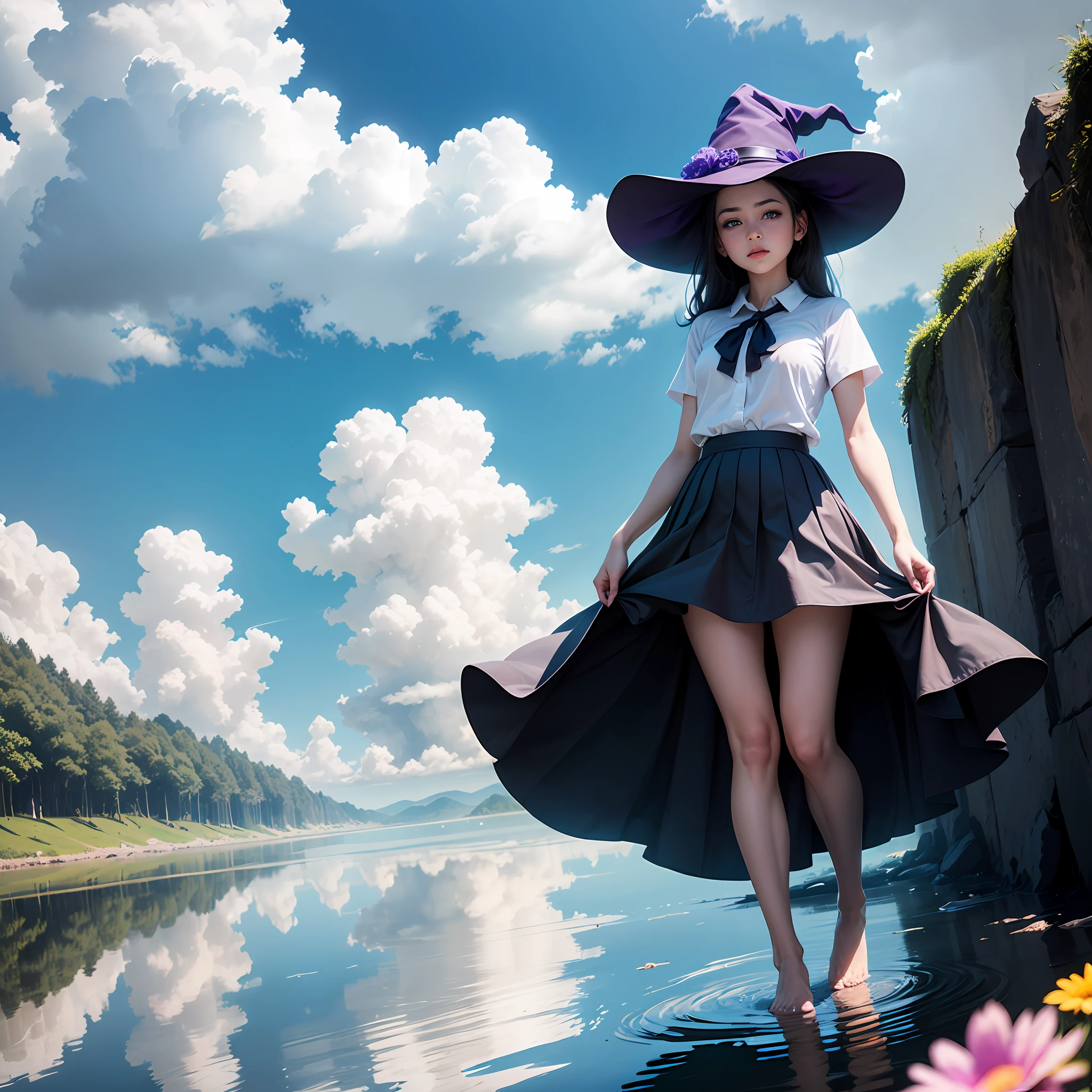 ph elaina_face, 1girll, Solo, Hat, shirt, Witch hat, Skirt, flower, White shirt, Purple eyes,Sea of Clouds,Sky Mirror,Standing barefoot on the water,cloudless sky --auto