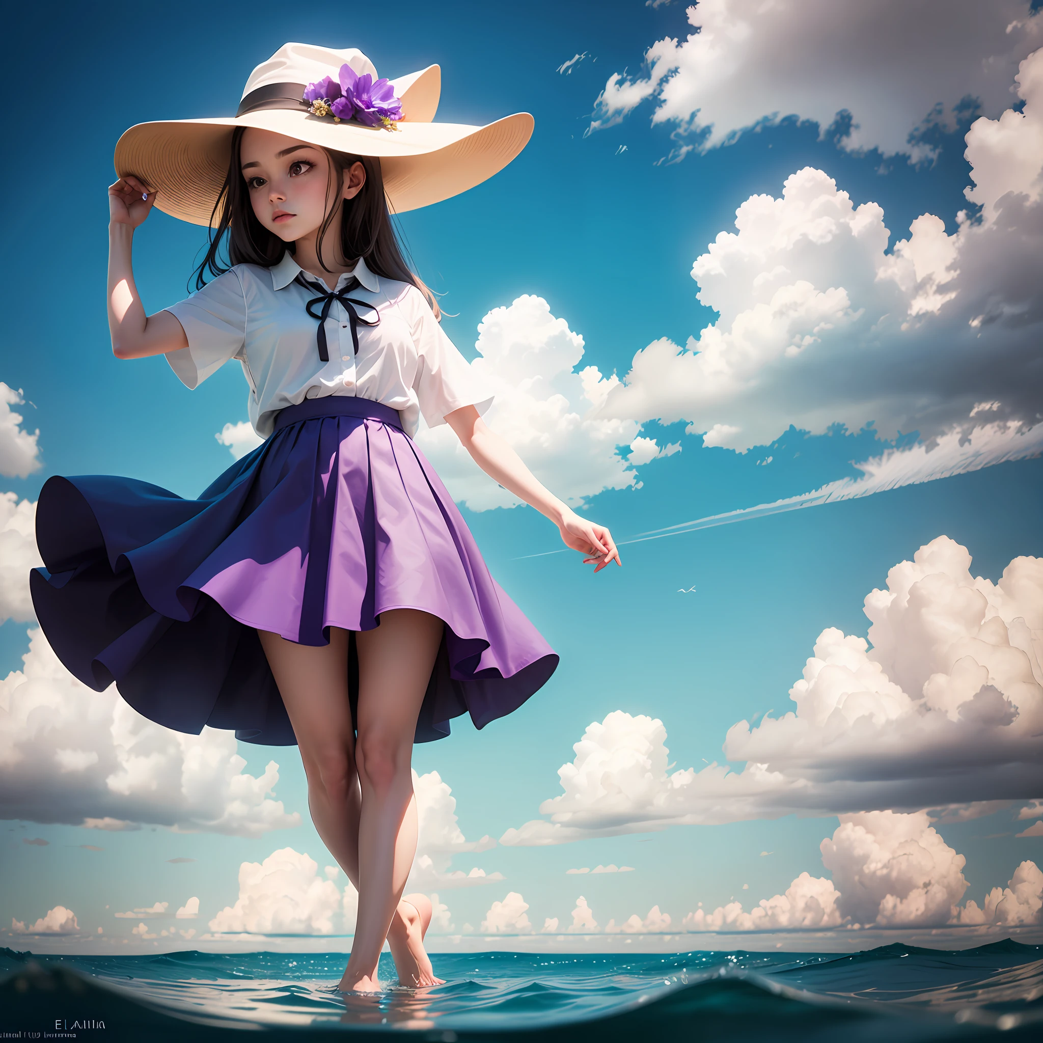 ph elaina_face, 1girll, Solo, Hat, shirt, Witch hat, Skirt, flower, White shirt, Purple eyes,Sea of Clouds,Sky Mirror,Standing barefoot on the water,cloudless sky --auto