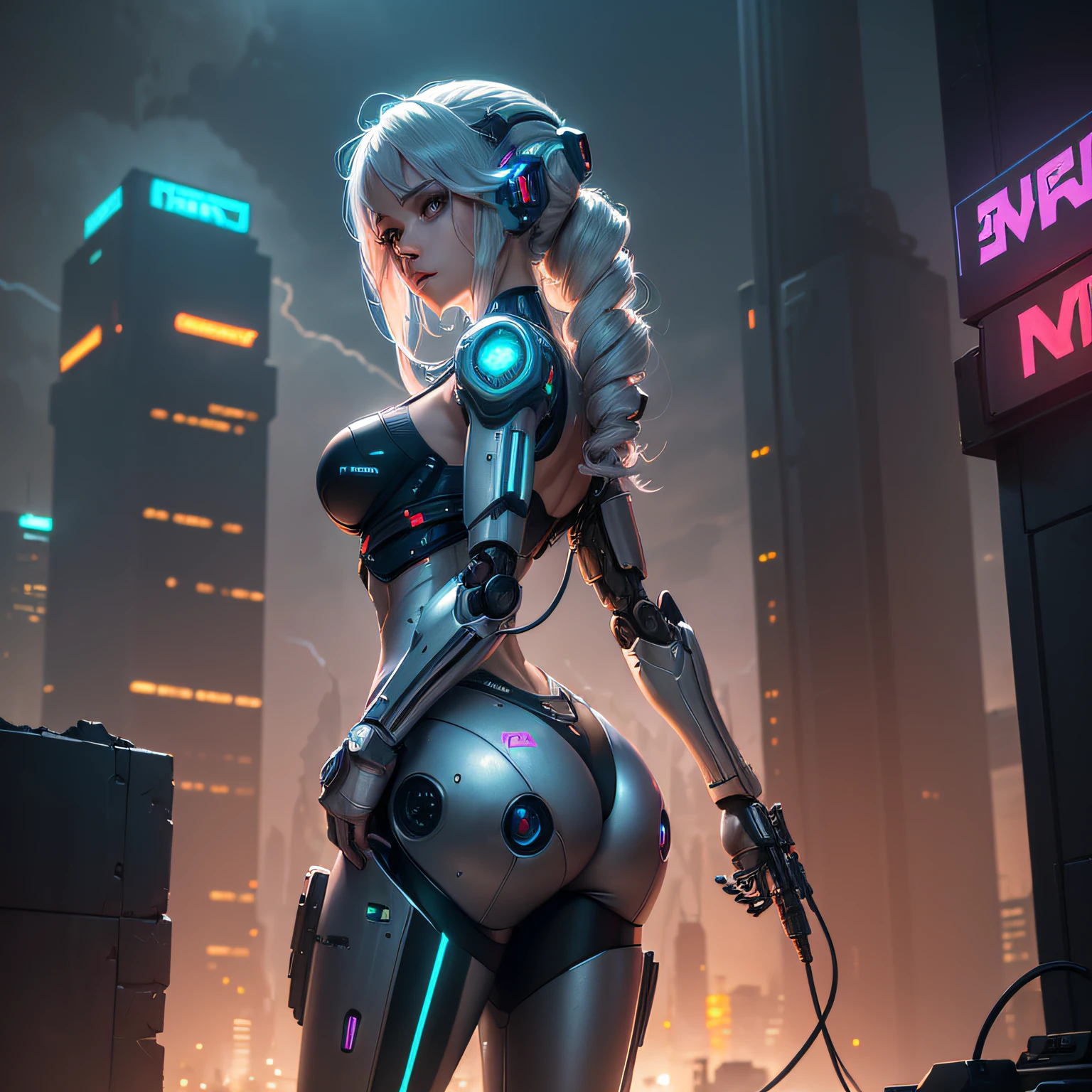 High Detail RAW color Photo,hyperrealistic,digital painting,wide shot,Full Shot,(lens flare:0.5), (bloom:0.5), portrait,(highly detailed, fine details, intricate), incredibly absurdres,(luxurious  cyberpunk:1.4,Dystopian,sci-fi),  concept art,ornate, from side,looking to the side,
1girl,Lucy \(cyberpunk\),European_Girls,(cute female arterial intelligence,robot, cyborg:1.5),(robotic parts,augmentations,mechanical arms, mechanical legs,silver halmet), (cybernetic implants:1.4,microchip,metal,electric wires,cable,silicone),grey eyes,asymmetrical hair, standing,(holding_weapon,battle_rifle,handgun),belt,(wearing shiny tight soft light suit,see-through white chemise), open jacket,detached sleeves,hip vent,metallic bone exposed,toned physique,slender,medium breasts exposure,breasts out,large ass, (pale skin),(detailed skin, diffused skin pores),HQ, angelic, decorations, embellishments,hard edge,
breathtaking,outdoors, ((in surreal planet Raphael Lacoste)),night, (electricity, bright neon colors,sprawling cyberpunk city skyline), turbulent storm, rain,smog,tendrils, spirals,  dust,(((flying ships))), (badlands, observitory) --auto
