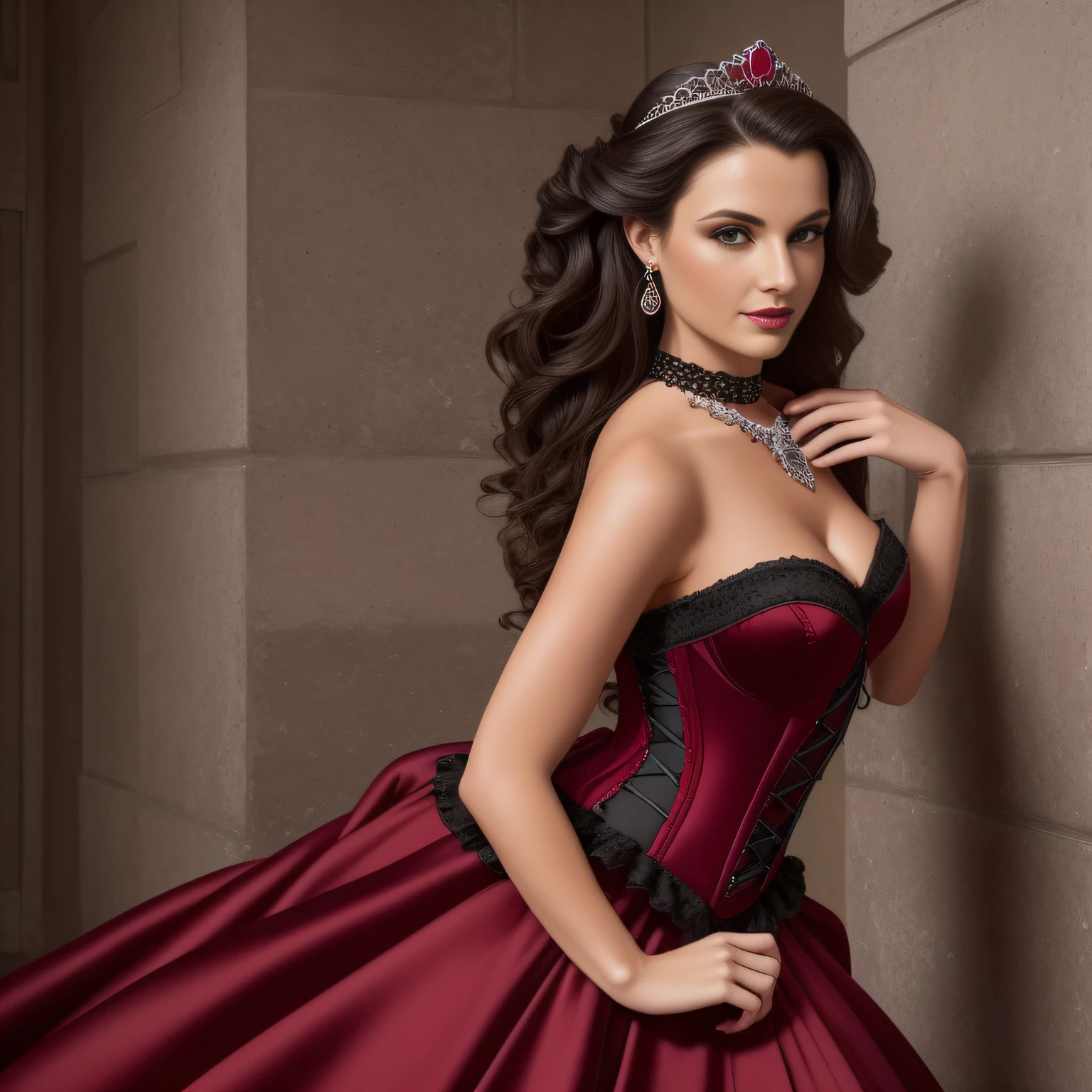 Beautiful brunette woman wearing a crimson ballgown lifting her skirt to show off her high heels, mascara and dark red lipstick, long curly brown hair in a fancy partial updo, onyx-and-ruby tiara, ruby earrings, black satin choker with a large ruby pendant, crimson ballgown with a full, floor-length skirt. The bodice is a corset with a halter top, a sweetheart neckline, and a V waist, with black lace trim and black beading. The crimson satin skirt has black lace trim and beading in patterns near the hem, black stretch satin opera gloves, onyx-and-ruby bracelet, dark stockings, and strappy black 4-inch stilettos.