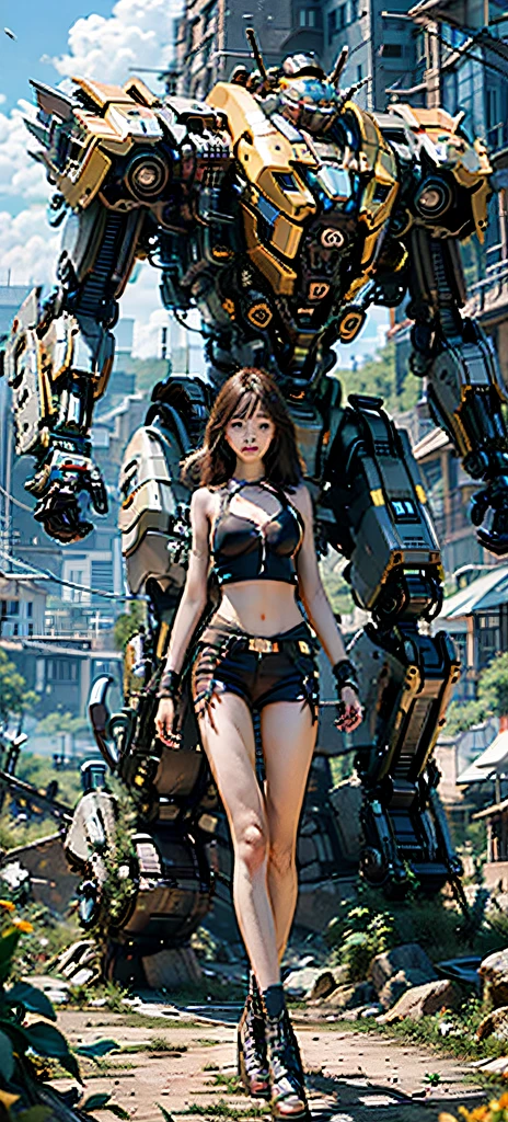 ((masterpiece, best quality)),illustration,ultra detailed 8k,photorealistic,sharp focus,highly detailed,professional lighting,colorful details,iridescent colors BREAK extreme long shot of a factory,large mechanical robot construction,microchip,computer,glowing,intricate details,shitu-mecha,1girl is standing in front of the audience,Navel