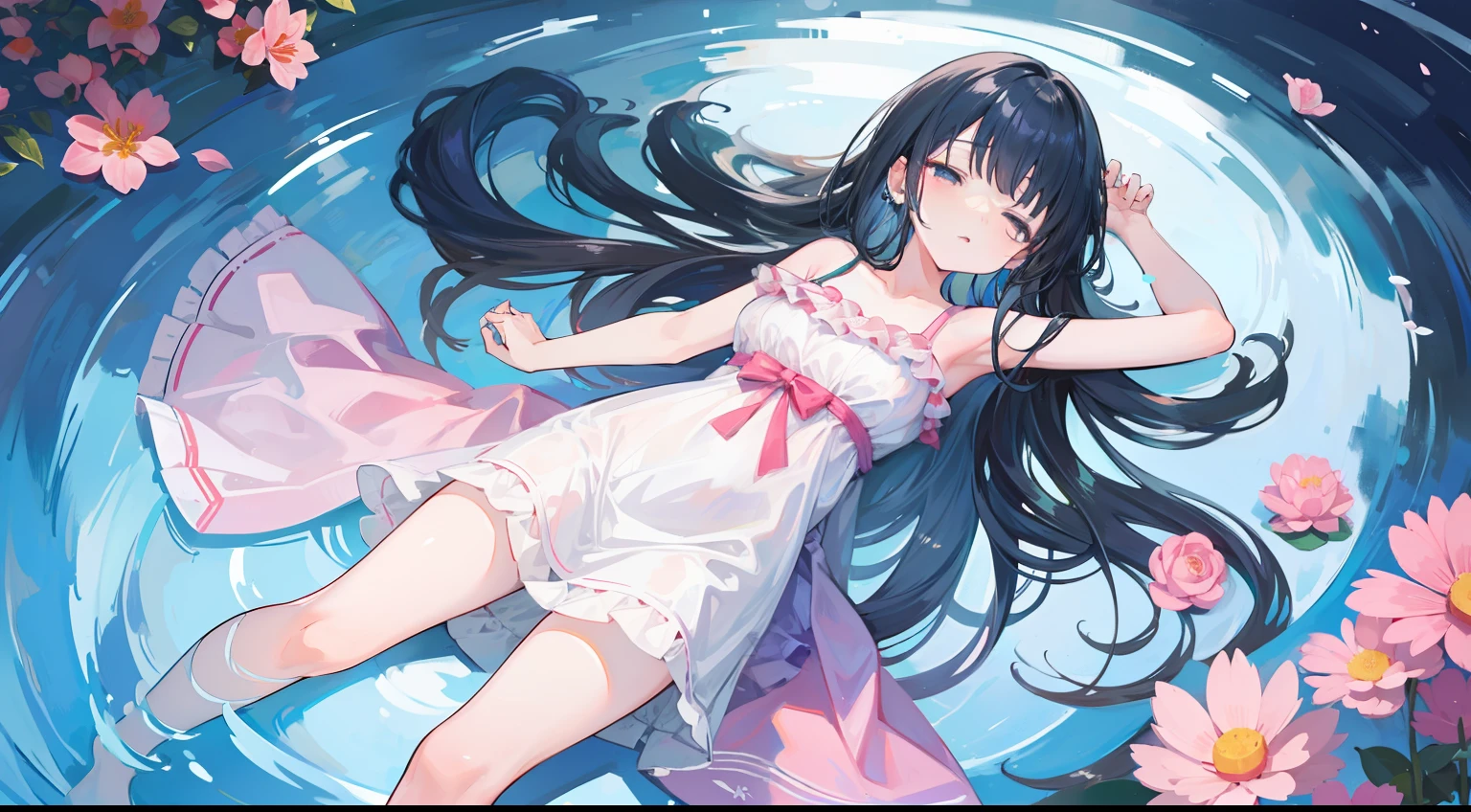 One girl、sleep、Falling down、laying on back、onepiece、Very long hair、On the water、Flowers float、reaching out her hands、masterpiece、Top image quality、top-quality、cute little