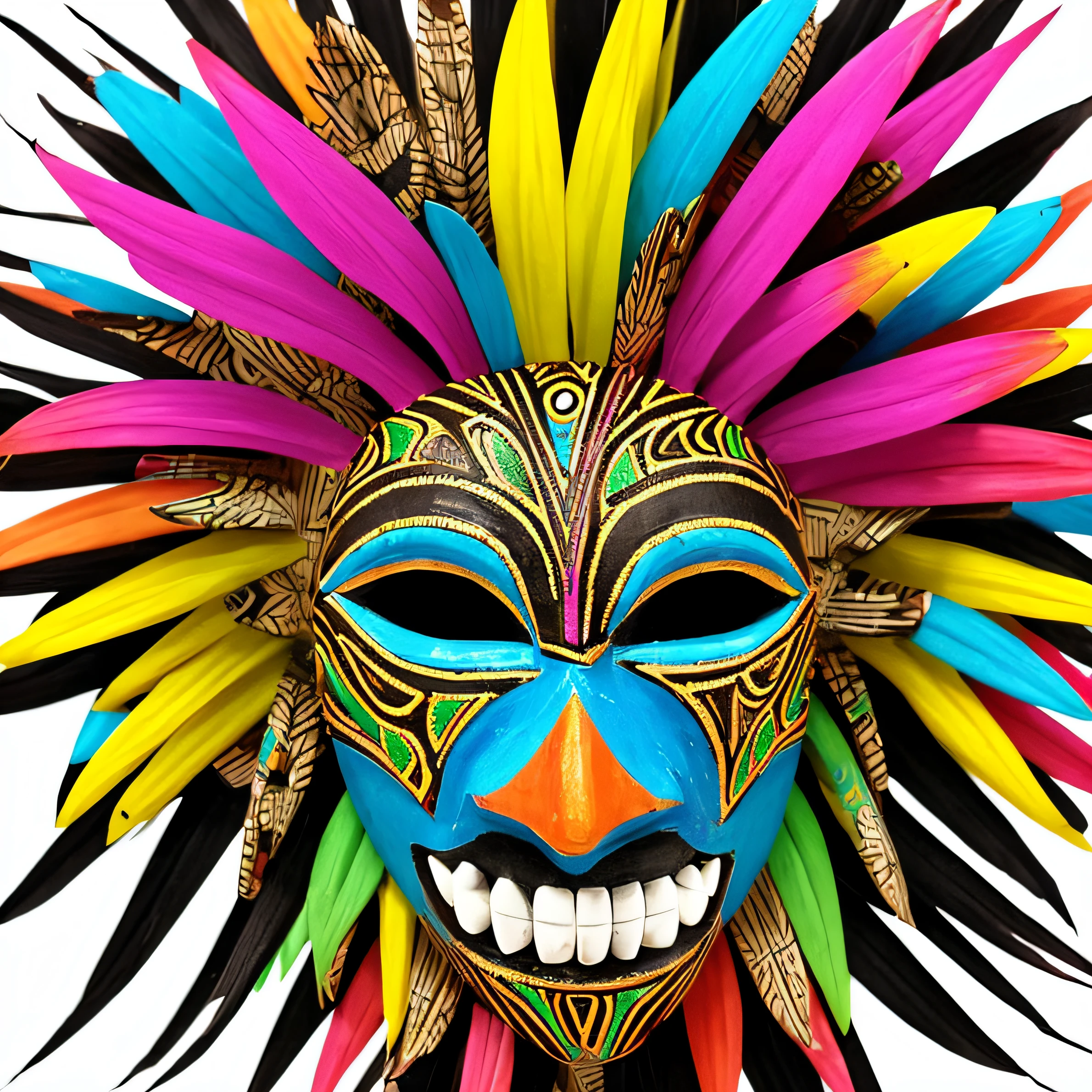 Create a super colorful African tribal mask with lots of details, fundo branco, 8k, melhor qualidade, imagem profissional, sem sombras, cores vivas, imagem realista