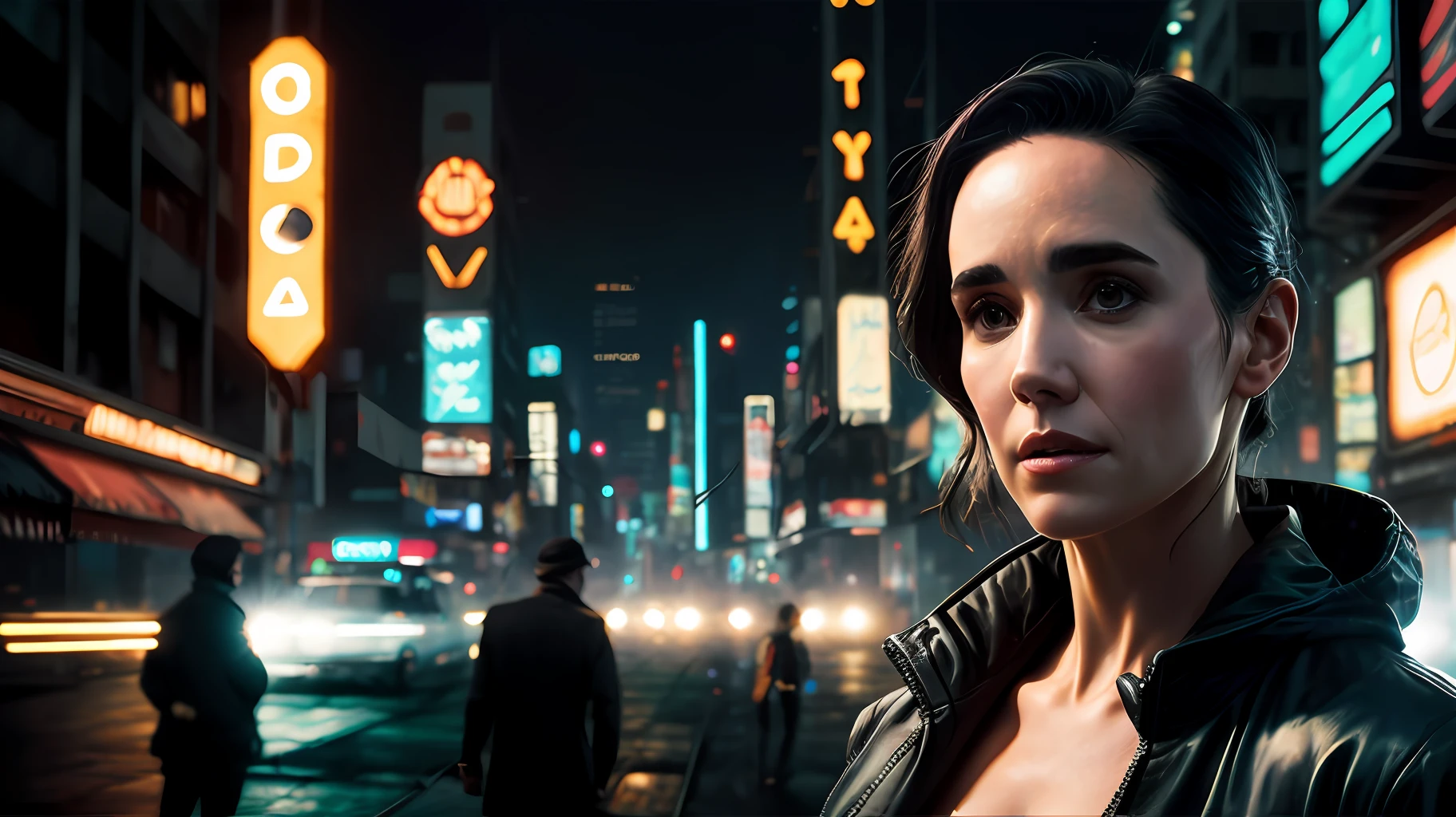 Close-up, neve, blade runner aesthetics, Jantar Blade Runner, uma young jennifer connelly muito bonita, com roupas cyberpunk em uma cidade cyberpunk movimentada com placas de neon, neon lights, foco nítido, Studio photo, detalhes intrincados, altamente detalhado, profundidade de campo, foco nítido, High detail, textura de pele realista, Realistic, fotorrealista, Arte Digital, tinta escura, Directed by: Greg Rutkowski