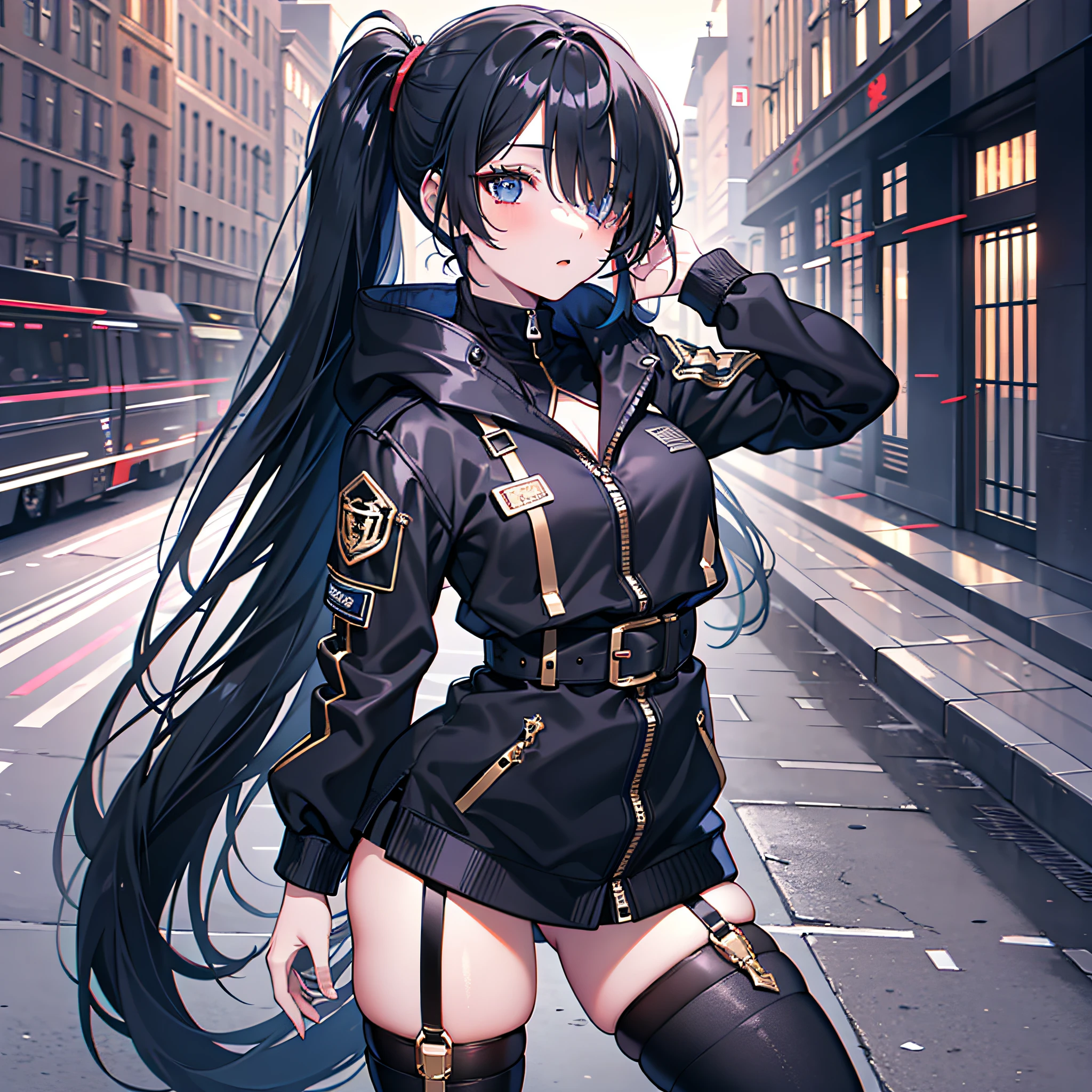 black pantyhoses，s girl，Starry eyes，Black parka，Dark blue hair，side pony tail，Extremely long hair，tmasterpiece，4K，Award-winning photos，extremely detaile，finely detailled，Highly detailed woman，Extremely detailed eyes and face，black knee boots，Full body like，Hair covers one eye，Perfect female body，1girll，black sash